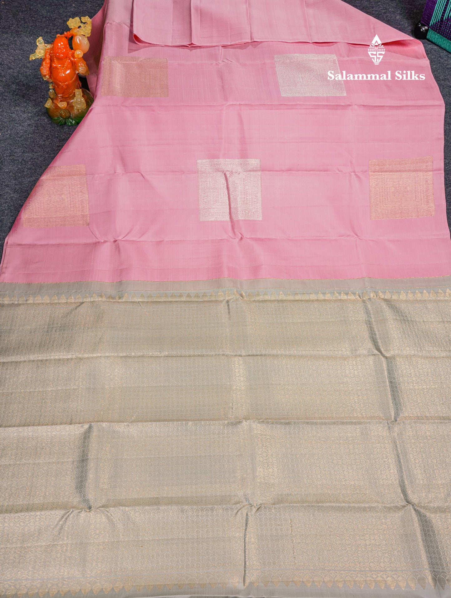 Baby Pink Fancy Pure Kanjivaram Silk Saree With Contrast Blueish Grey Blouse