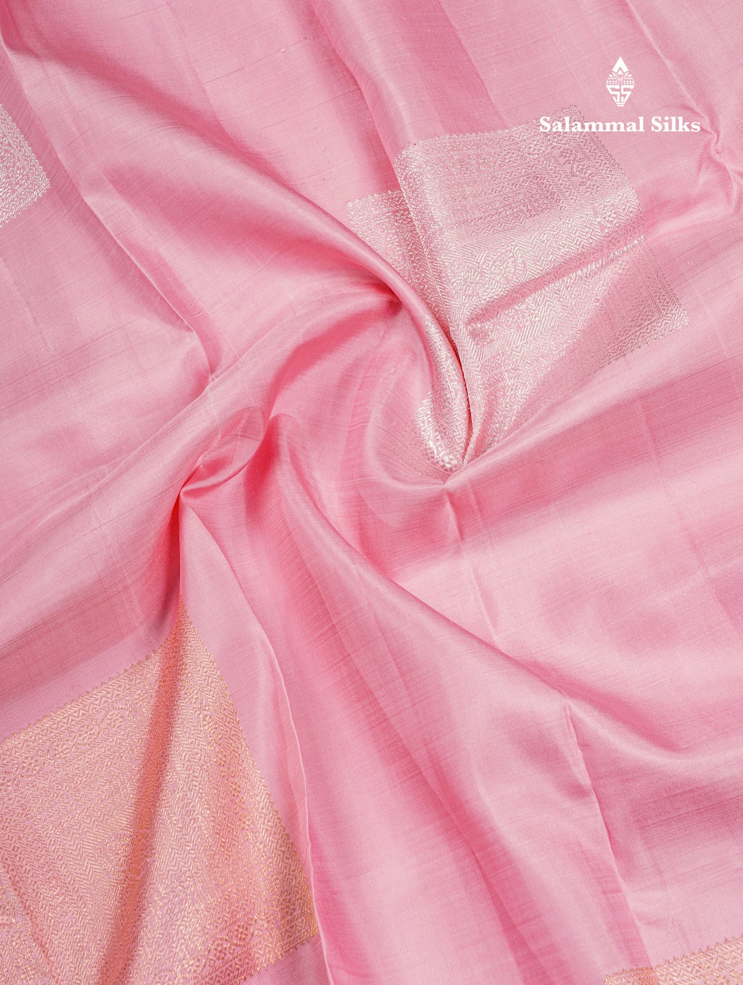 Baby Pink Fancy Pure Kanjivaram Silk Saree With Contrast Blueish Grey Blouse