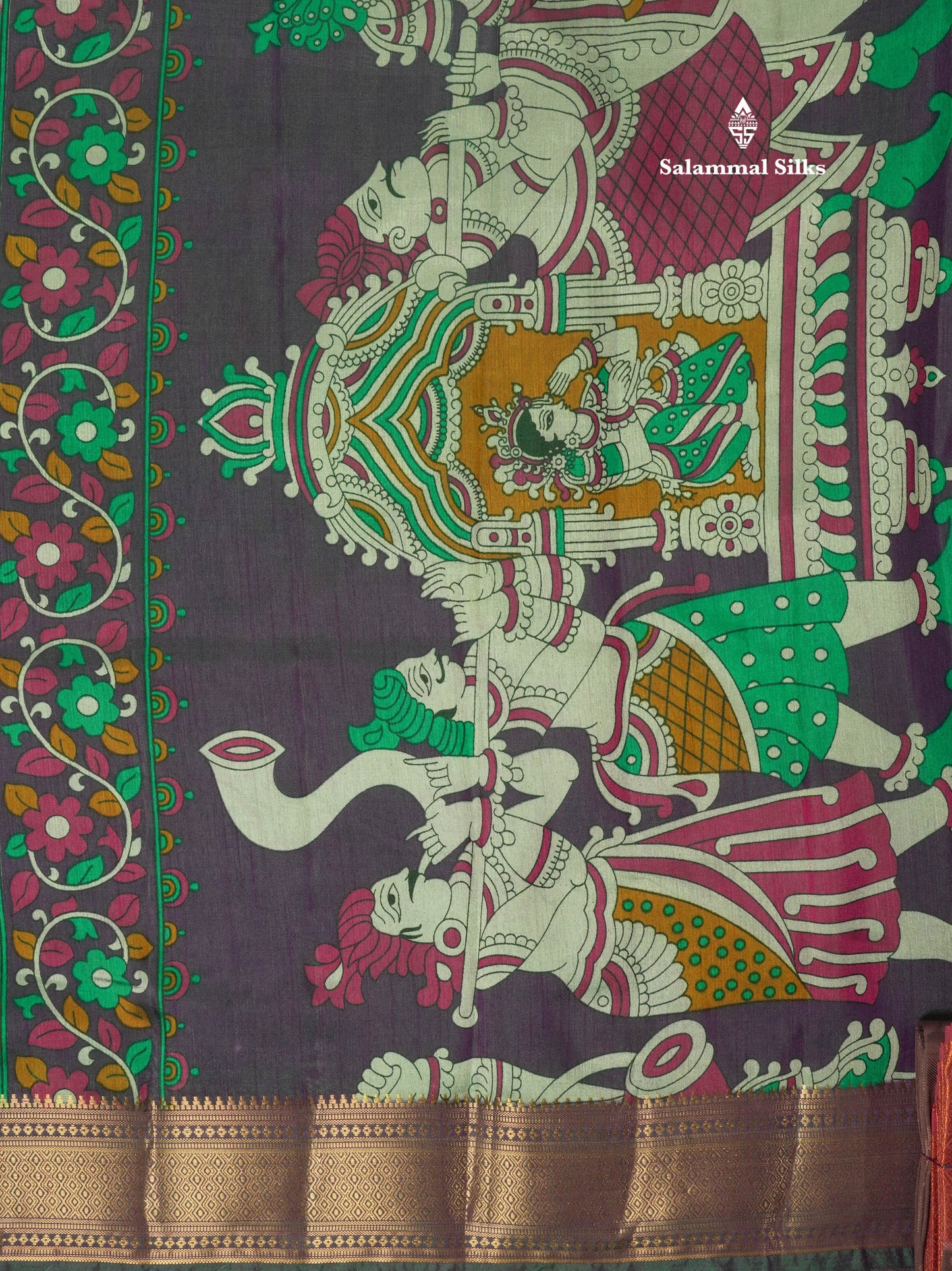 Purple Pichwai Print In Semi Raw Silk Saree With Contrast Rama Blue Traditional Border