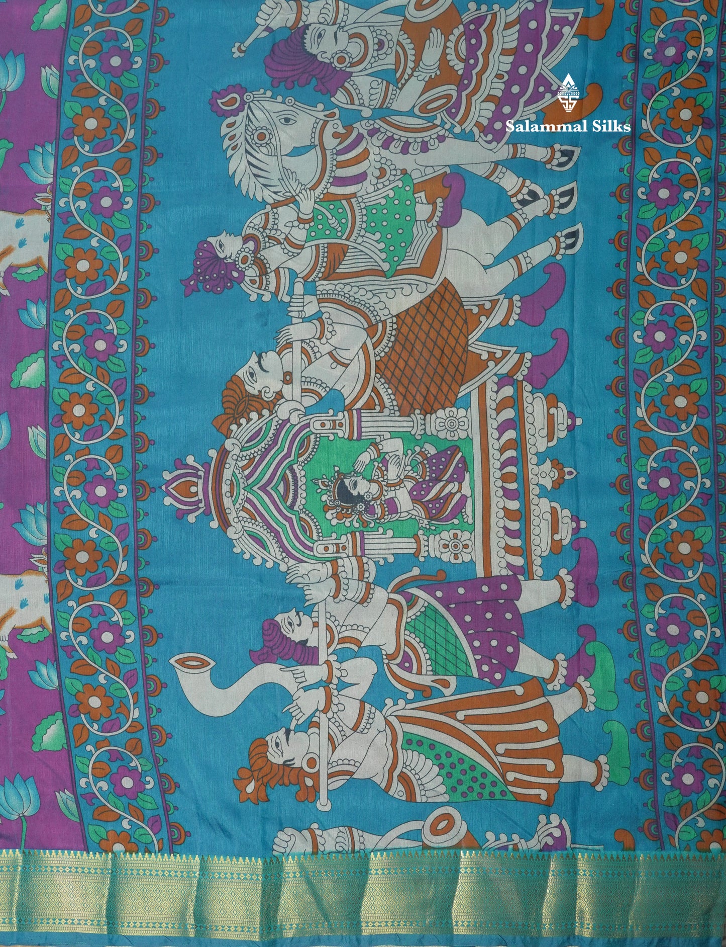 Purple Pichwai Print In Semi Raw Silk Saree With Contrast Rama Blue Traditional Border