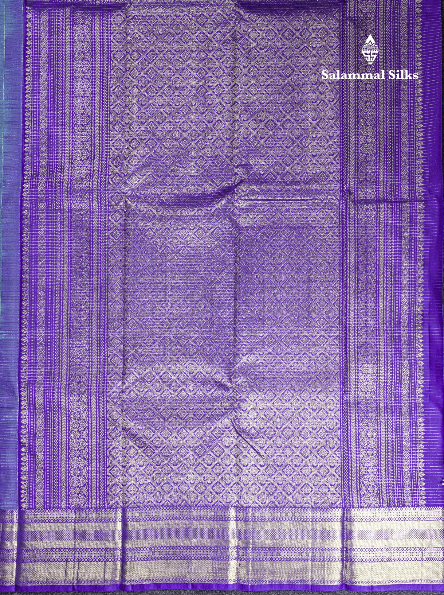 Dual Tone Rama Blue Vaira Oosi Small Checks Pure Kanjivaram Silk Saree With Contrast Violet Border