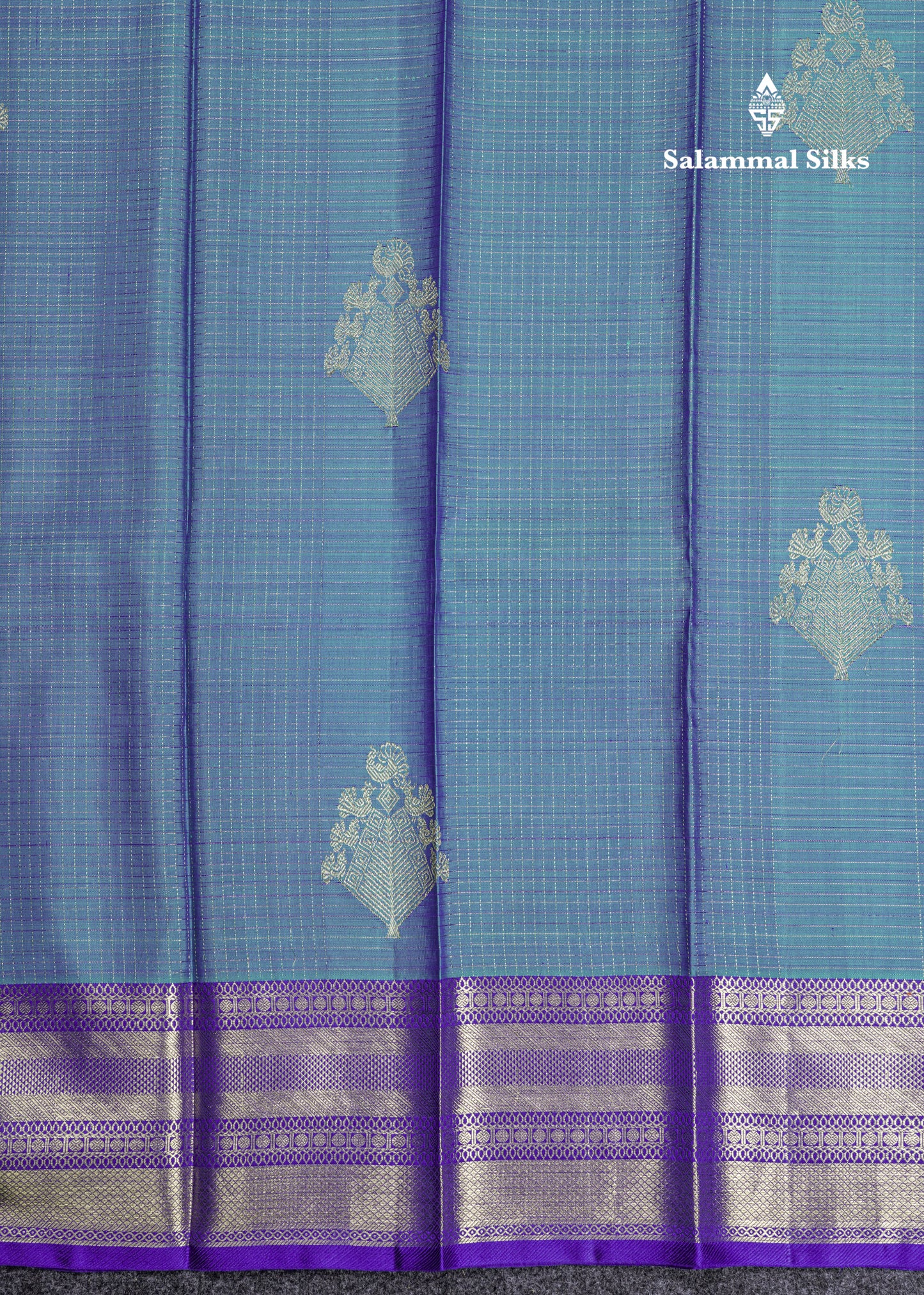 Dual Tone Rama Blue Vaira Oosi Small Checks Pure Kanjivaram Silk Saree With Contrast Violet Border