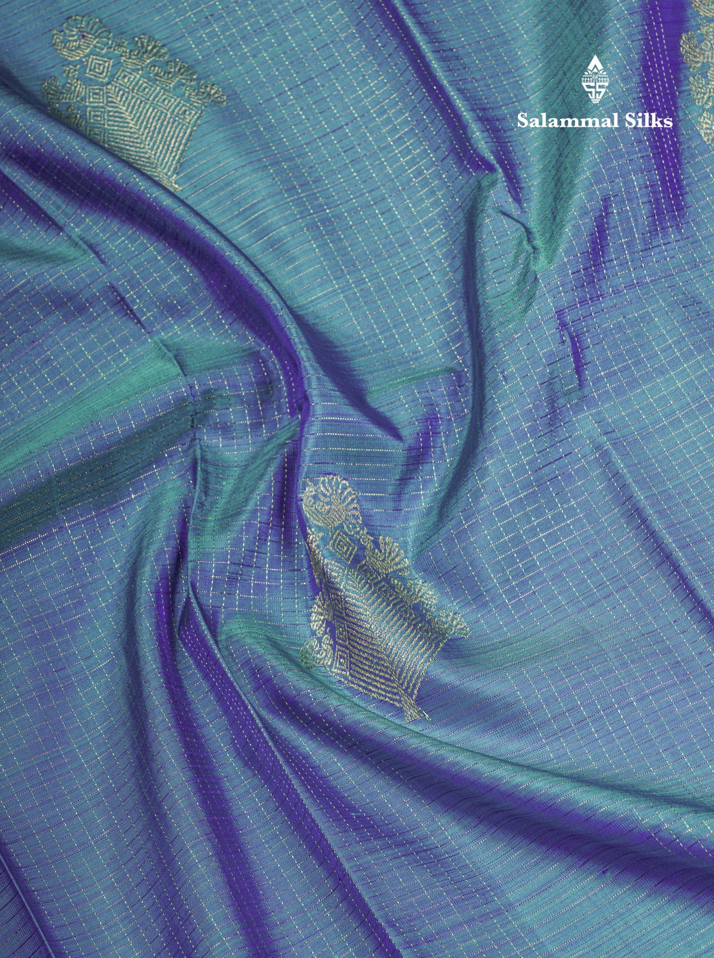 Dual Tone Rama Blue Vaira Oosi Small Checks Pure Kanjivaram Silk Saree With Contrast Violet Border