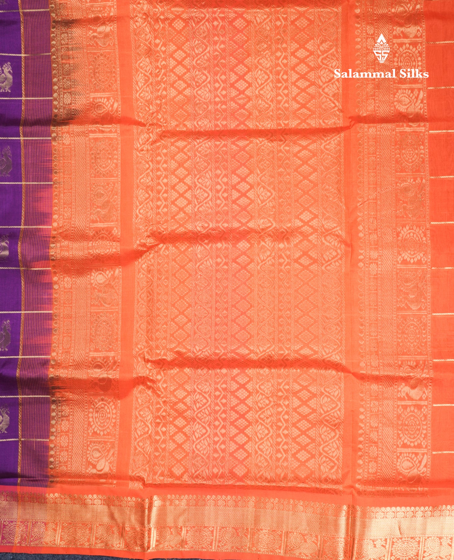 Purple Checks Pure Silk Cotton Saree With Contrast Orange Blouse