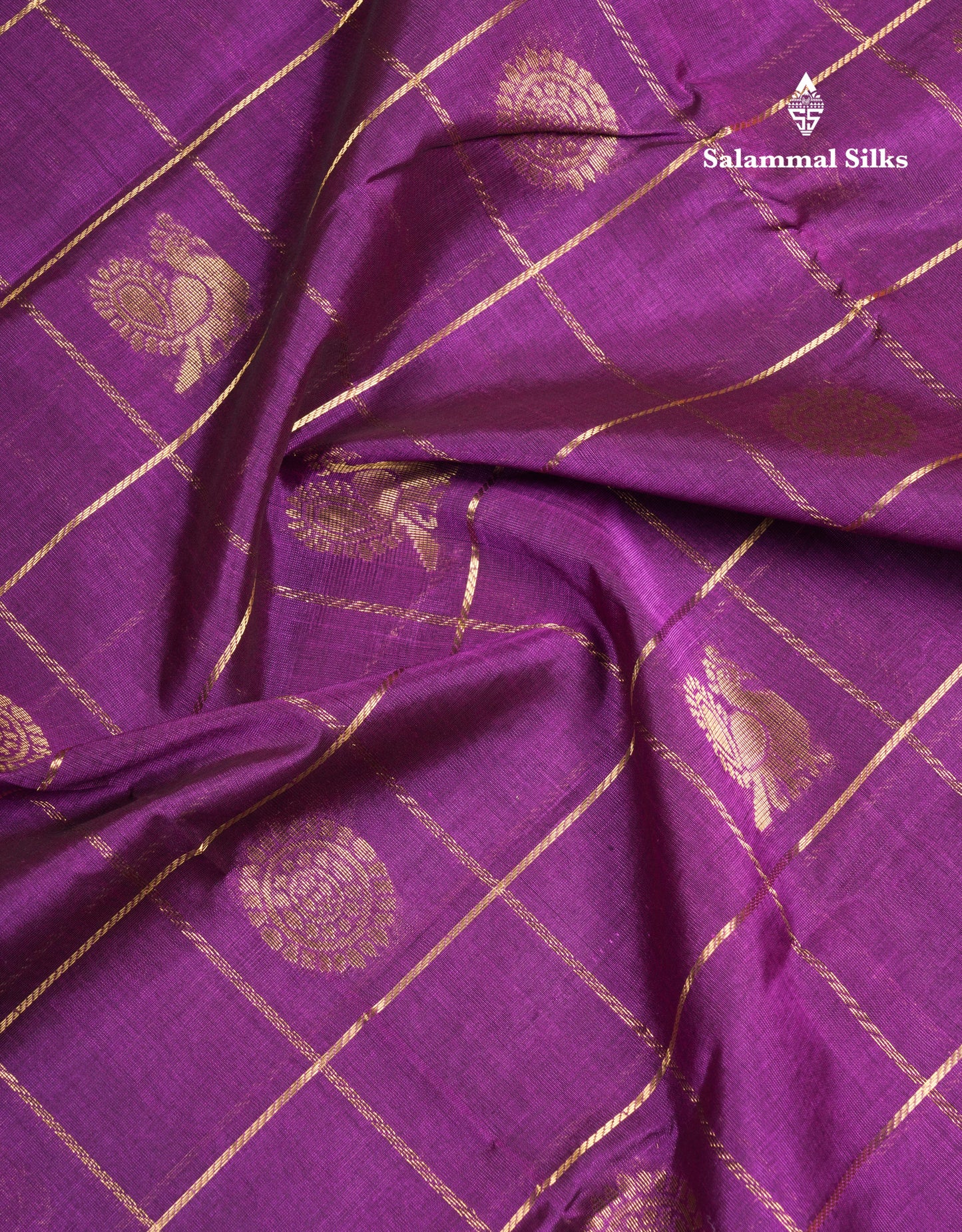 Purple Checks Pure Silk Cotton Saree With Contrast Orange Blouse