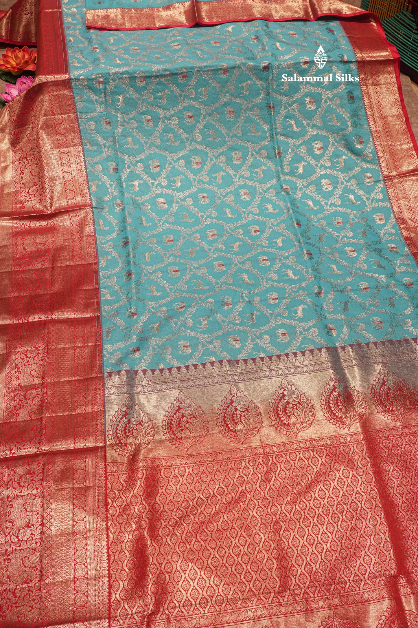Sky Blue Colour Semi Silk Saree With Contrast Long Red Border