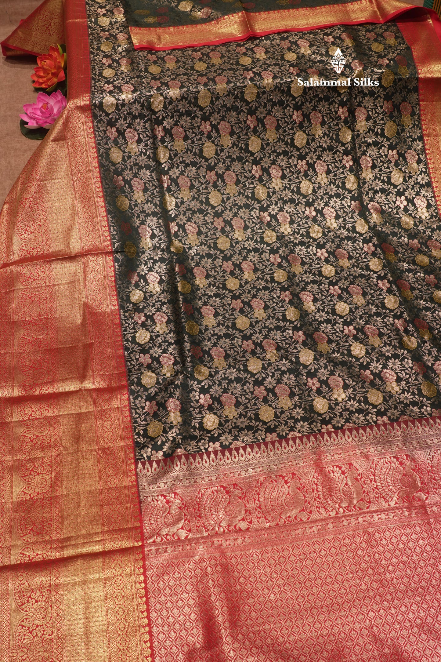 Bottle Green Colour Semi Silk Saree With Contrast Long Red Border