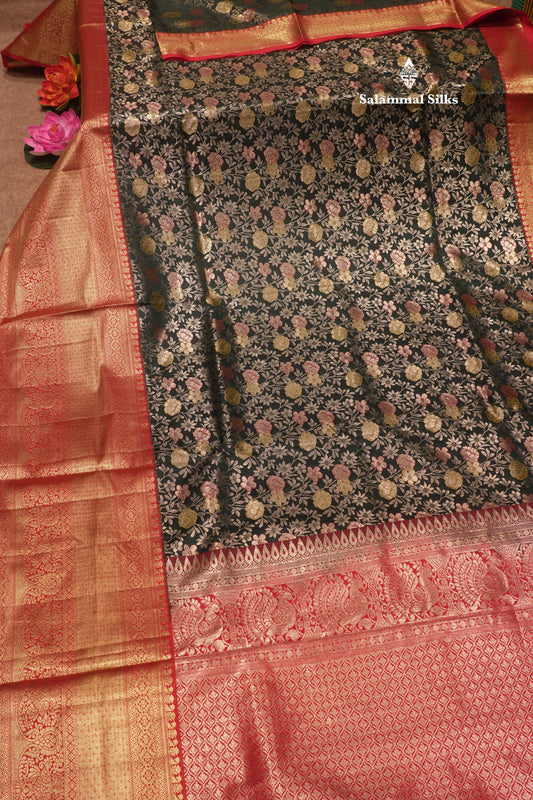 Bottle Green Colour Semi Silk Saree With Contrast Long Red Border