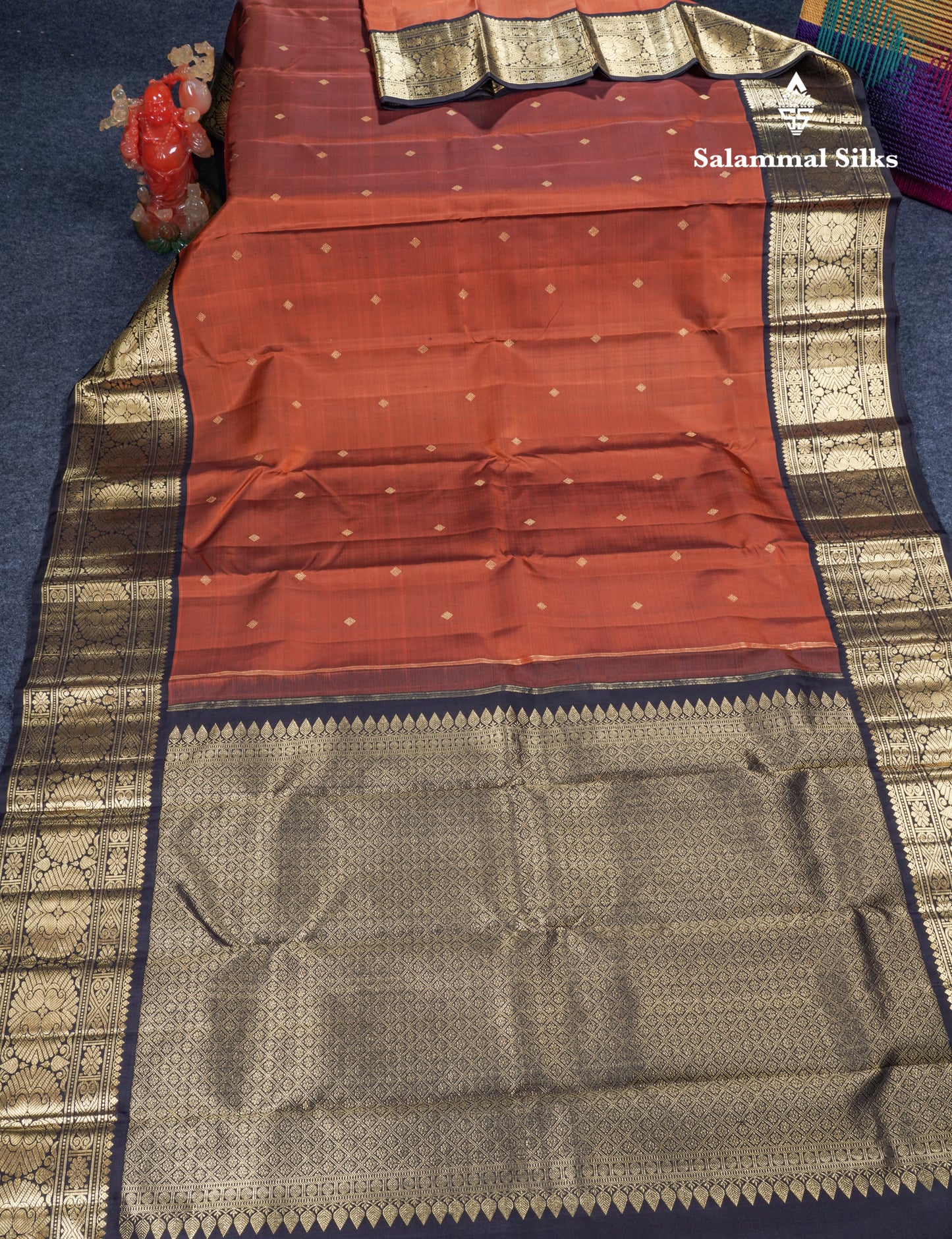Rust Orange Pure Kanjivaram Silk Saree With Contrast Dark Brown Traditional Border
