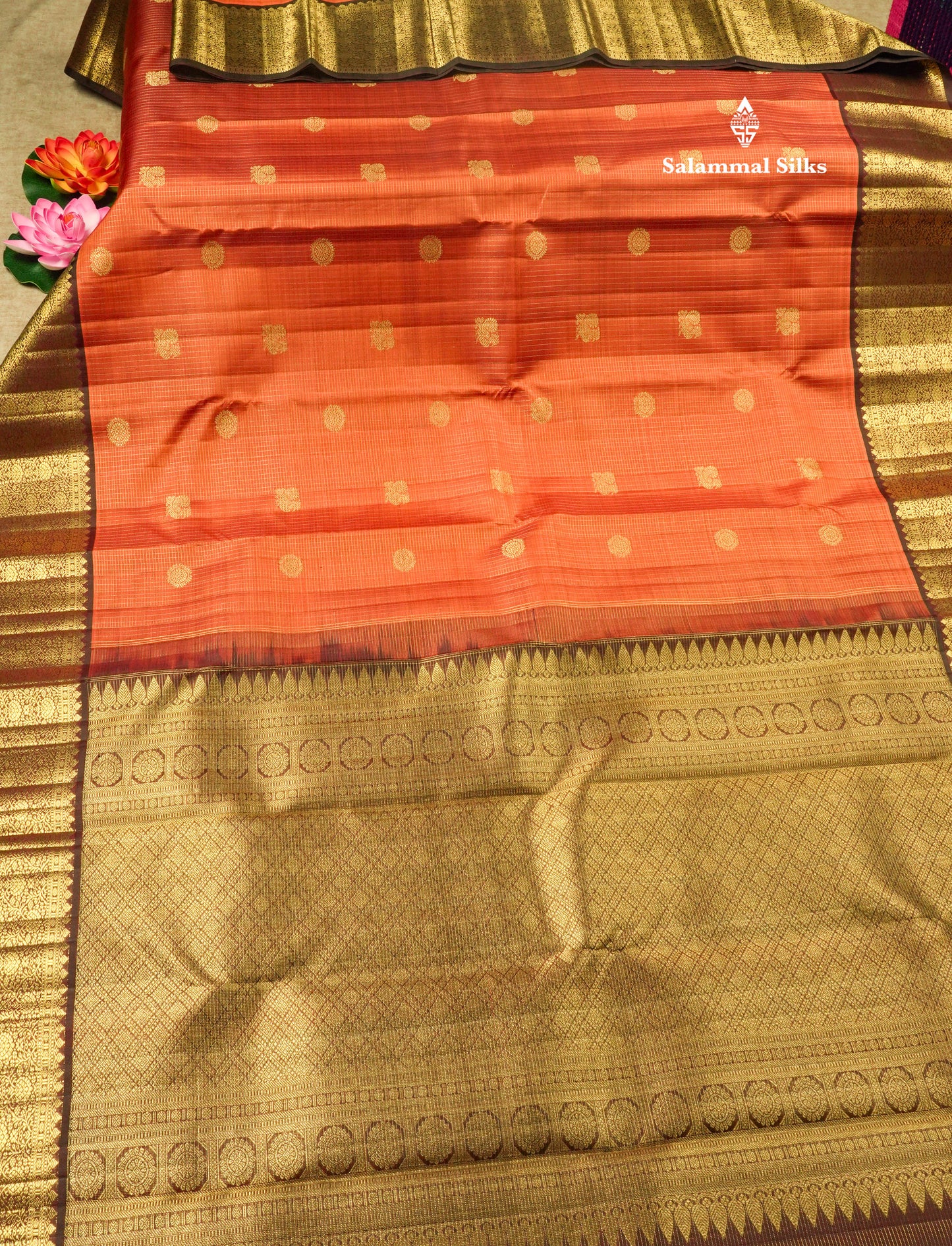 Rust Orange Tiny Zari Checks Pure Kanjivaram Silk Saree 2G Zari with Contrast Brown Border