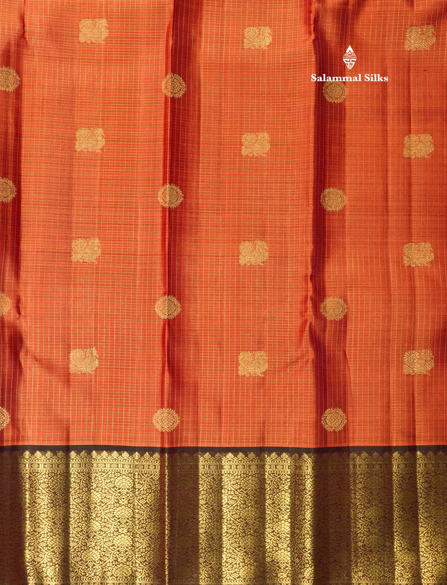 Rust Orange Tiny Zari Checks Pure Kanjivaram Silk Saree 2G Zari with Contrast Brown Border