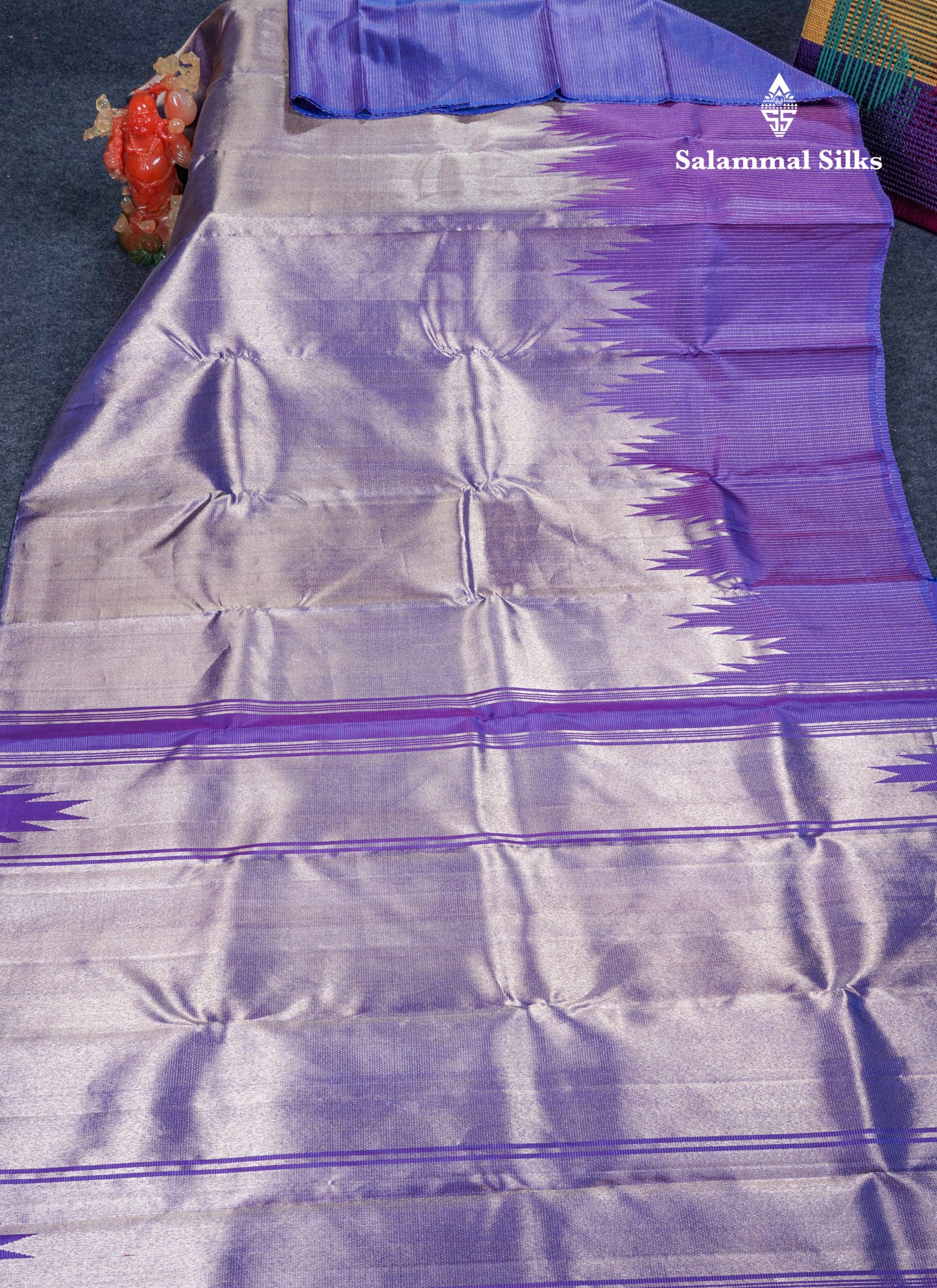 8 Kol Purple Tiny Zari Checks Pure Kanjivaram Silk Saree with Traditional Rising Temple Border
