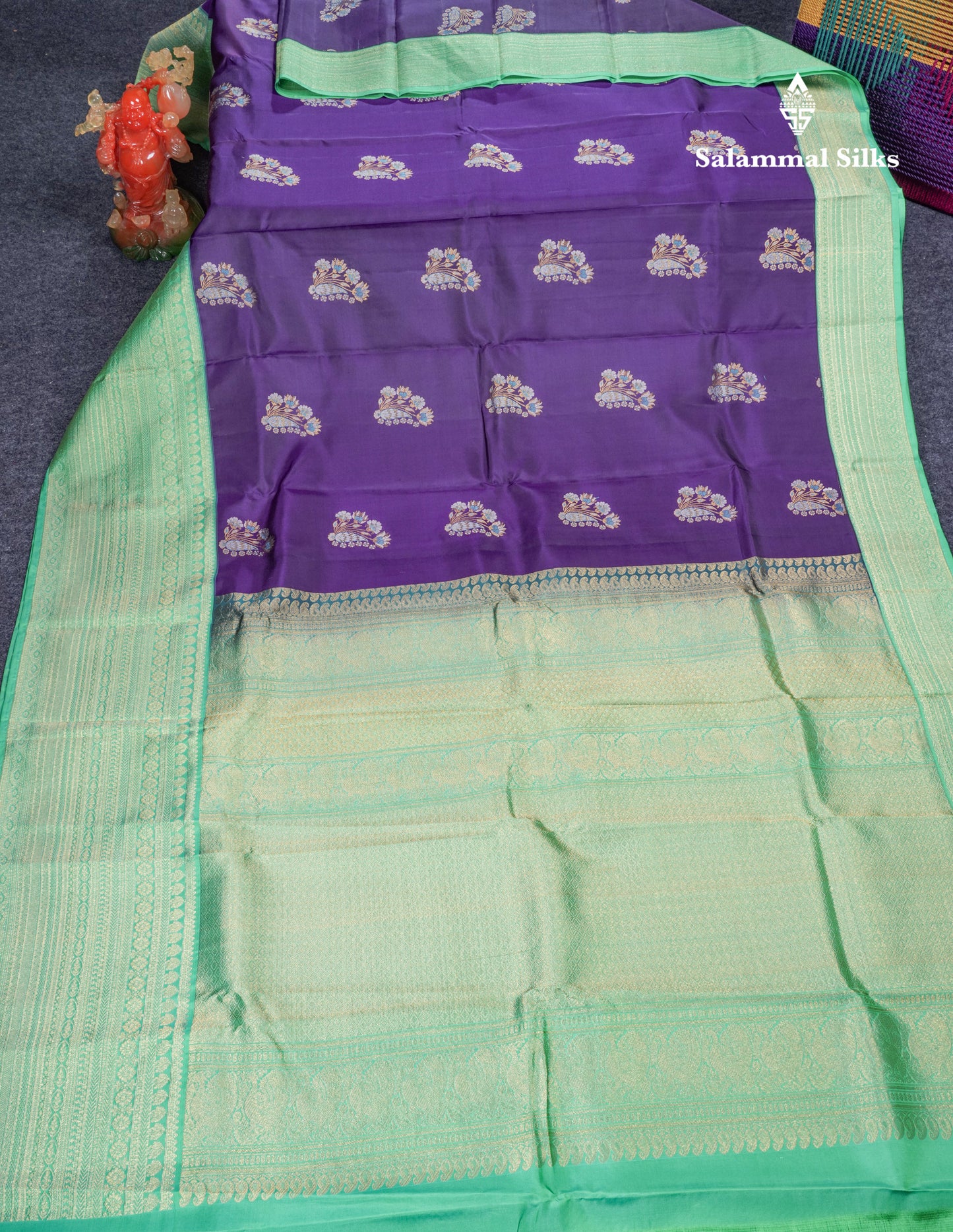 Dark Purple Pure Kanjivaram Silk Saree With Contrast Rexona Green Long Border