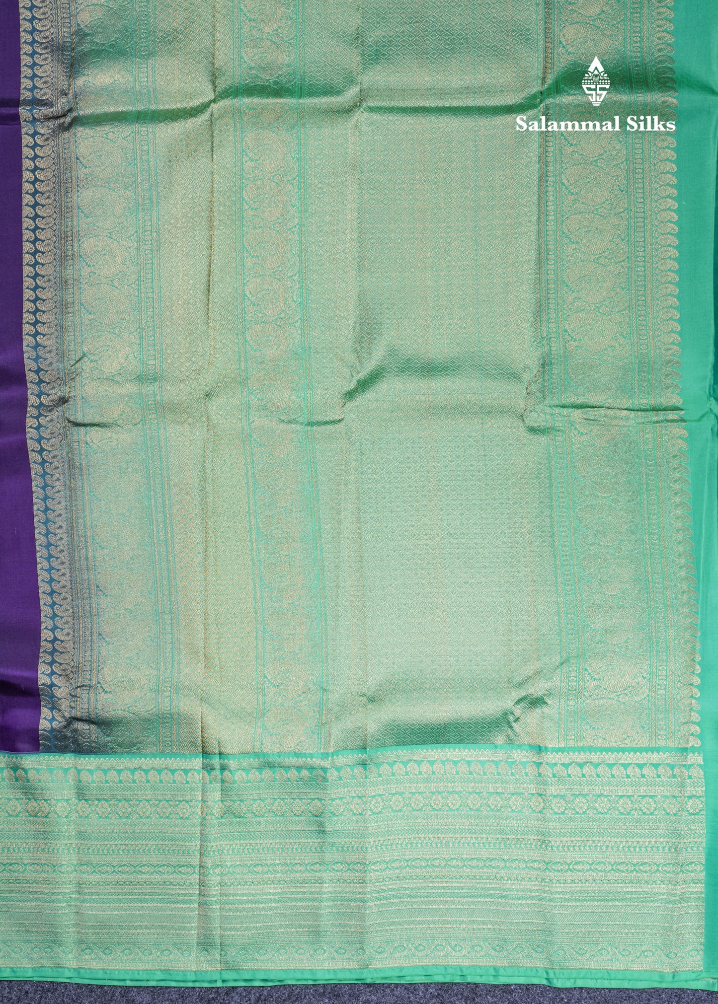 Dark Purple Pure Kanjivaram Silk Saree With Contrast Rexona Green Long Border