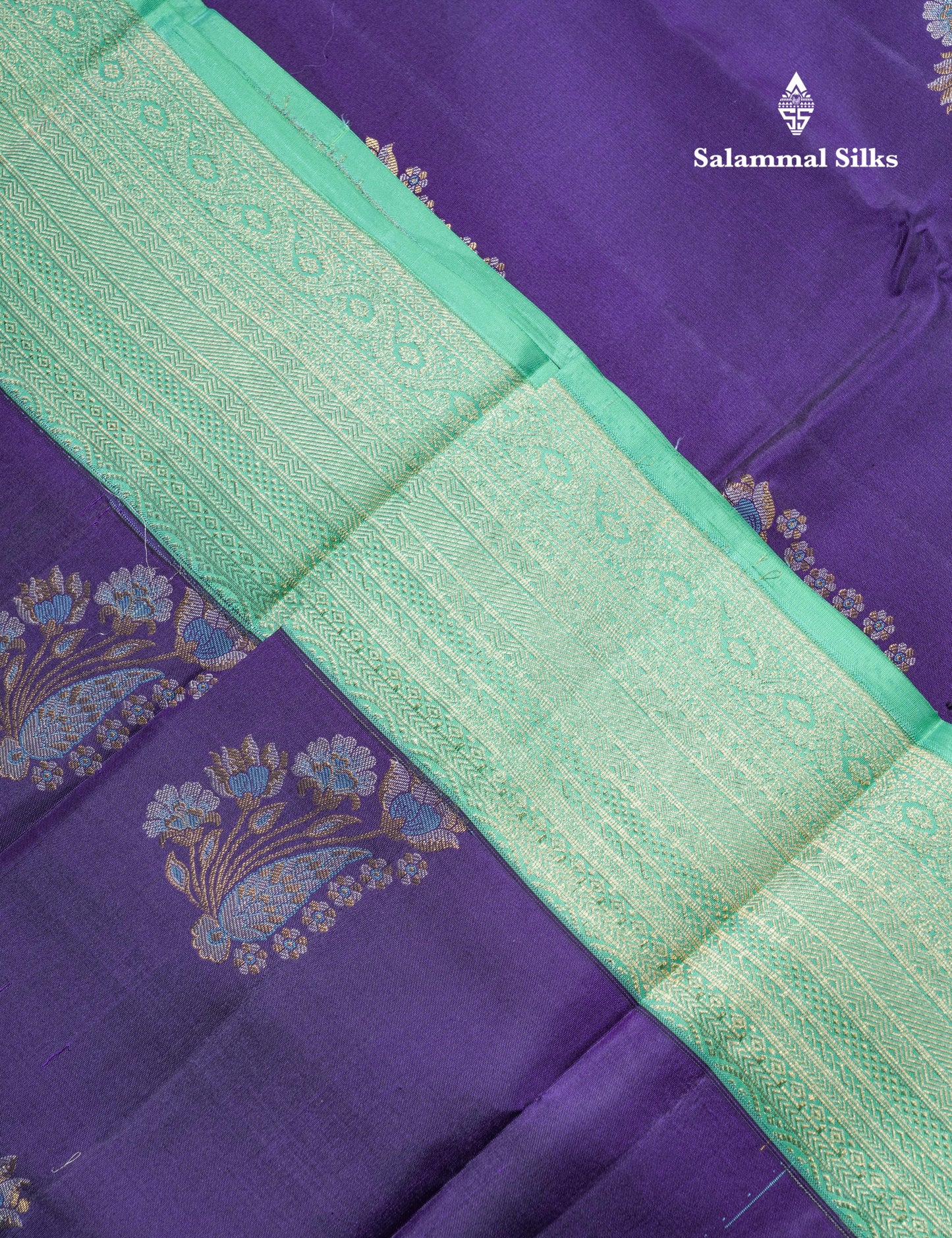 Dark Purple Pure Kanjivaram Silk Saree With Contrast Rexona Green Long Border