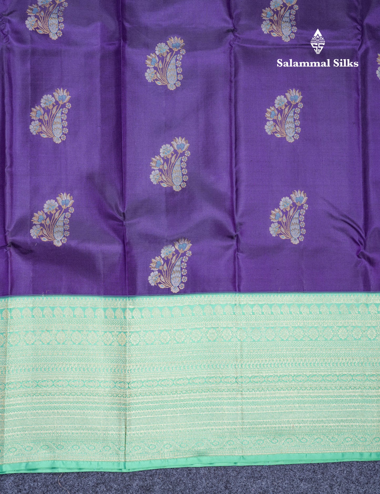 Dark Purple Pure Kanjivaram Silk Saree With Contrast Rexona Green Long Border