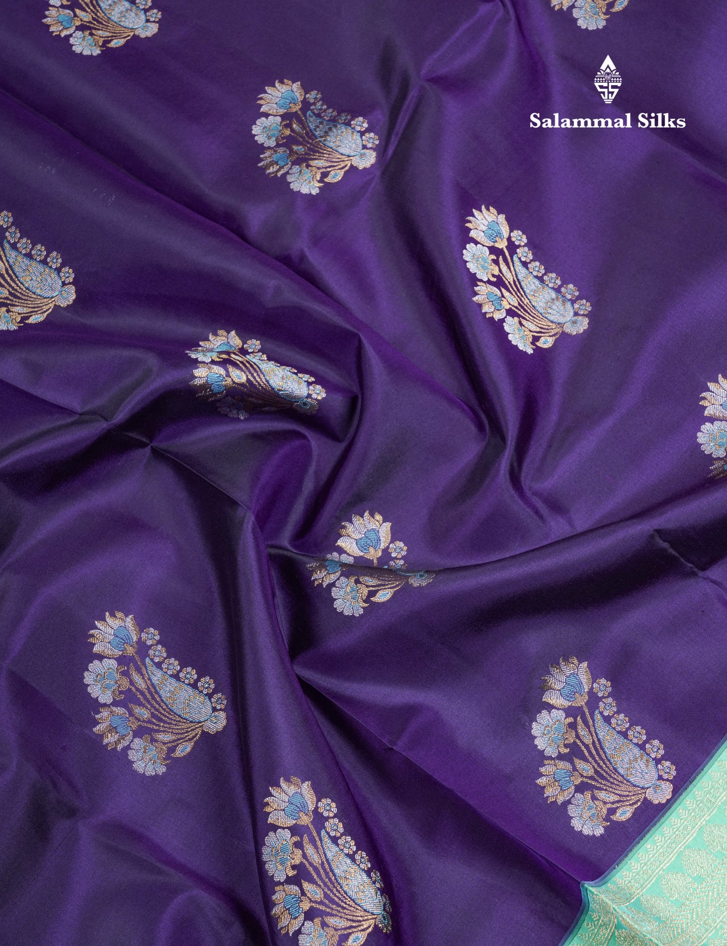 Dark Purple Pure Kanjivaram Silk Saree With Contrast Rexona Green Long Border