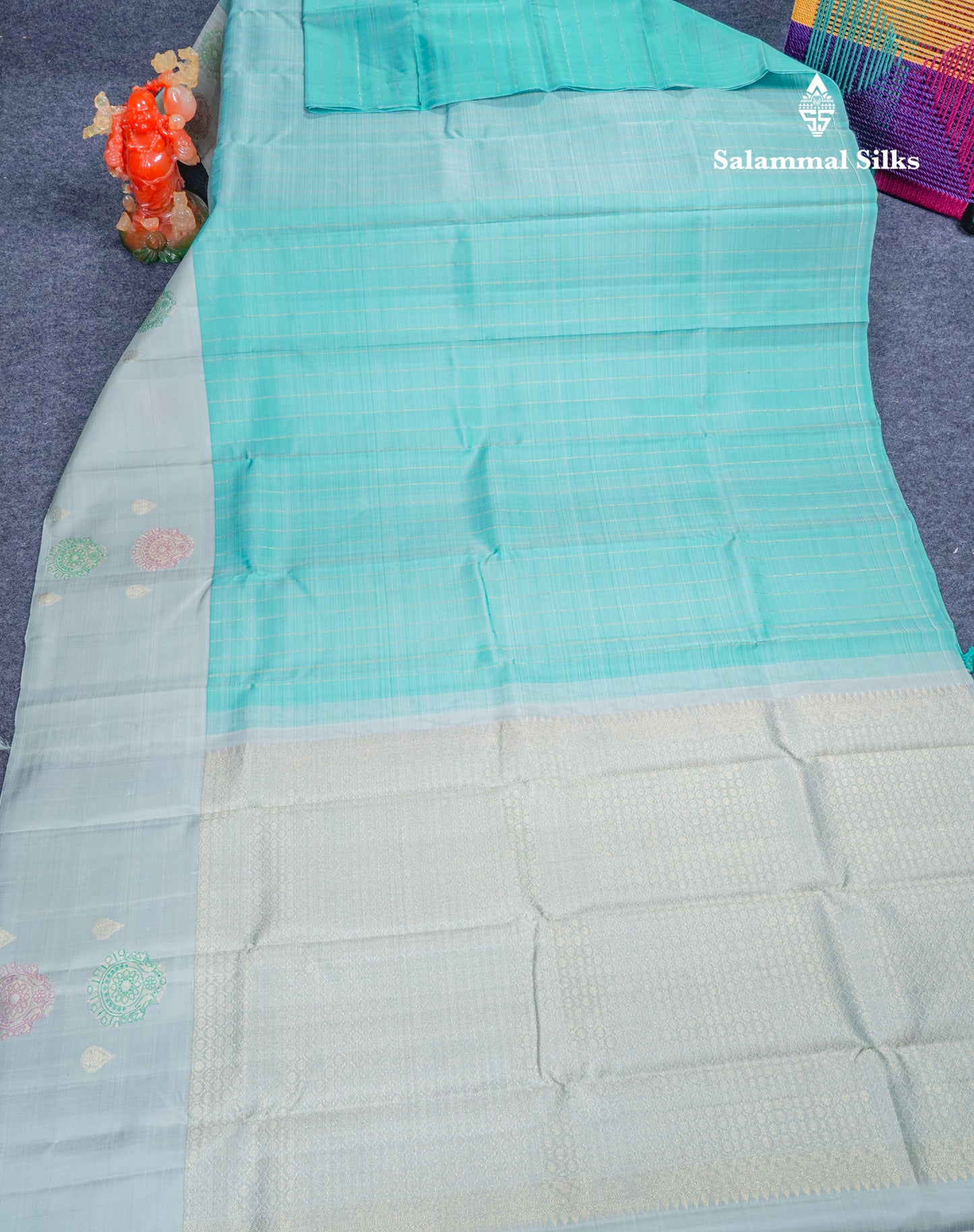 Sky Blue Pure Kanjivaram Silk Saree With Contrast Blueish Grey One Side Fancy Border