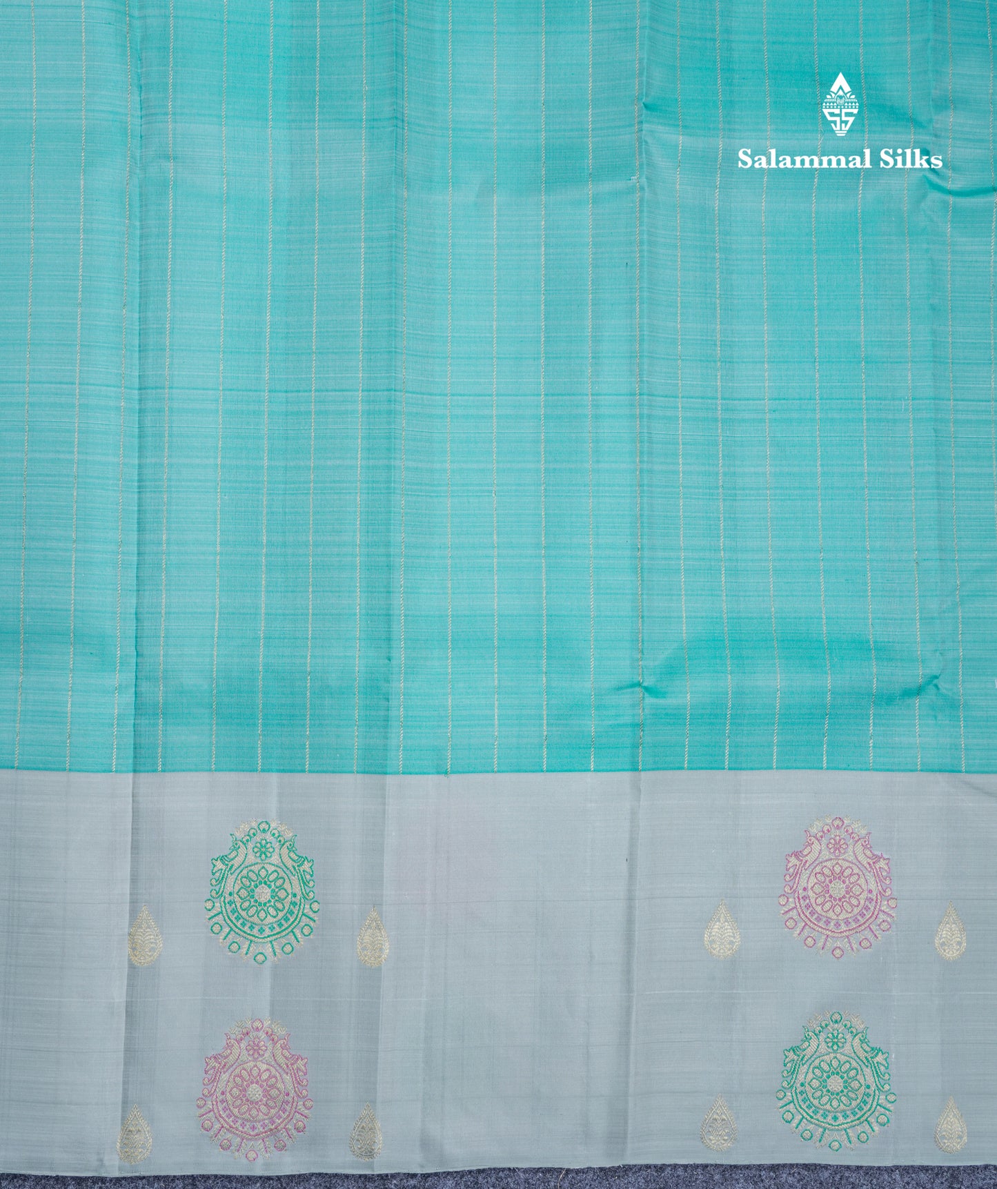 Sky Blue Pure Kanjivaram Silk Saree With Contrast Blueish Grey One Side Fancy Border