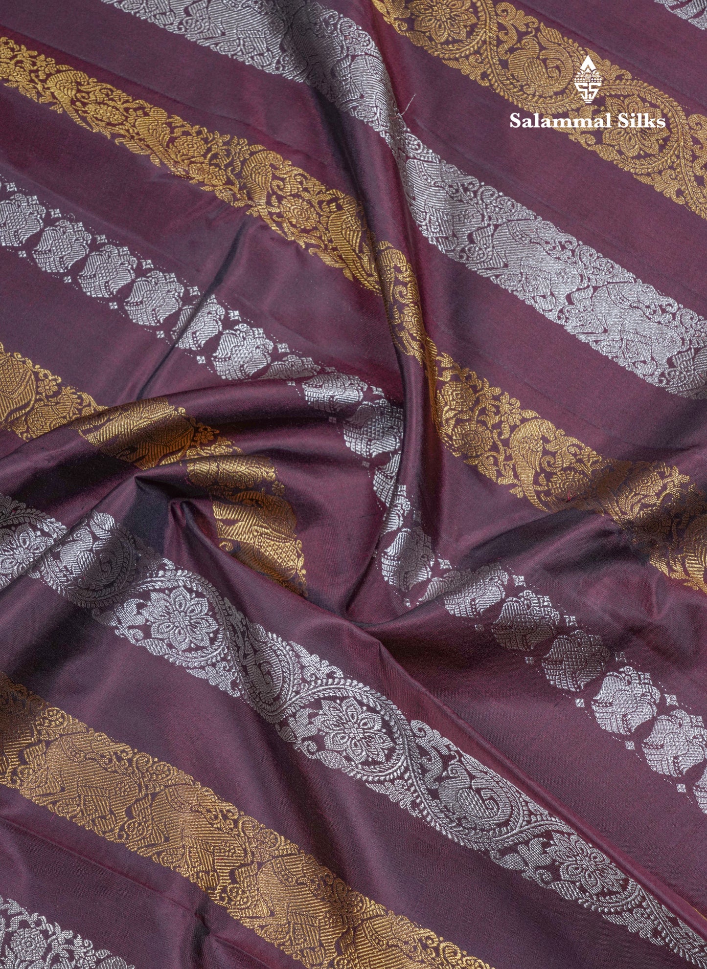 Dark Maroon Gold And Silver Zari Butta Lines Fancy Pure Kanjivaram Silk Saree Without Border