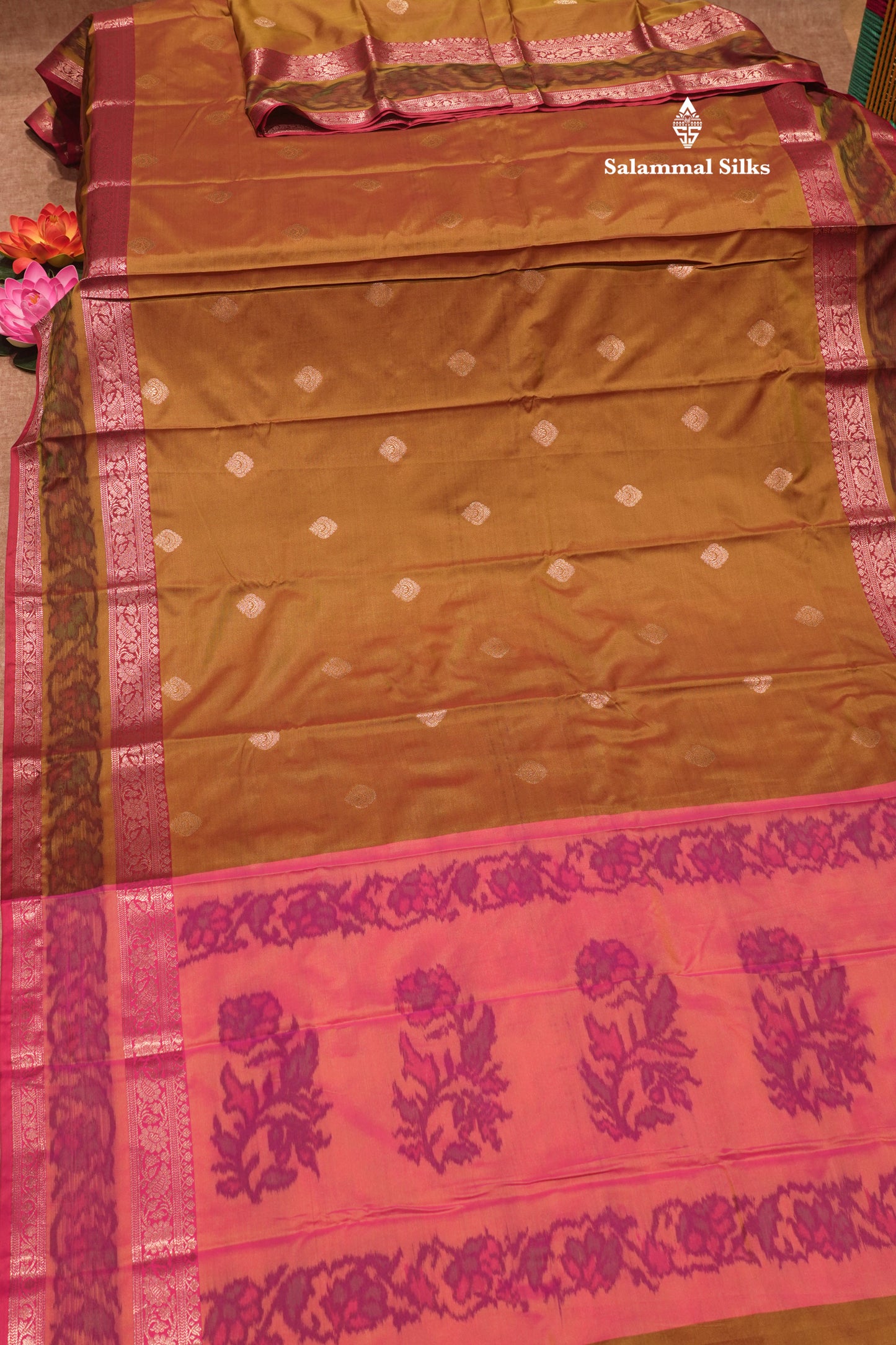 Olive Mustard Yellow Colour Semi Silk Saree With Pochampally Border
