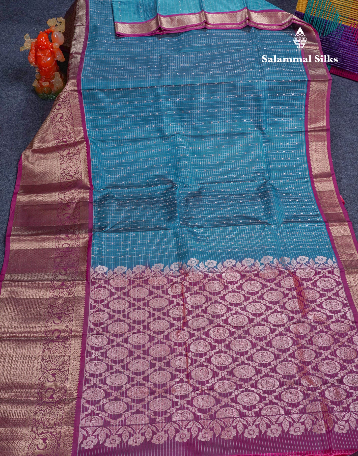 Ramar Blue Small Checks Pure Mix Silk Saree With Contrast Magenta Long Border