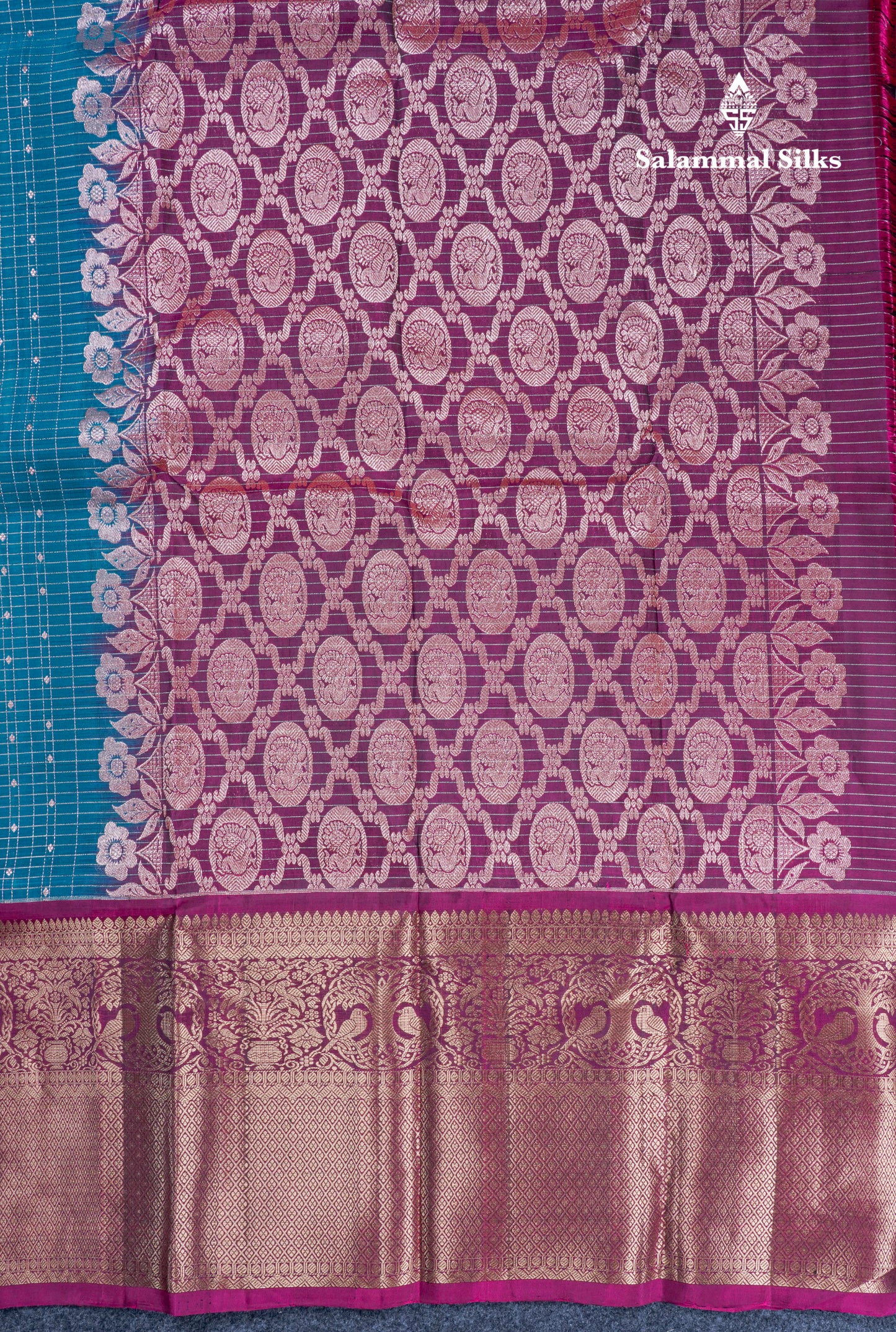 Ramar Blue Small Checks Pure Mix Silk Saree With Contrast Magenta Long Border
