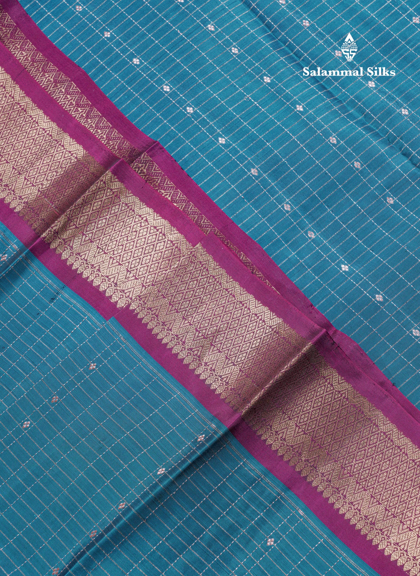 Ramar Blue Small Checks Pure Mix Silk Saree With Contrast Magenta Long Border