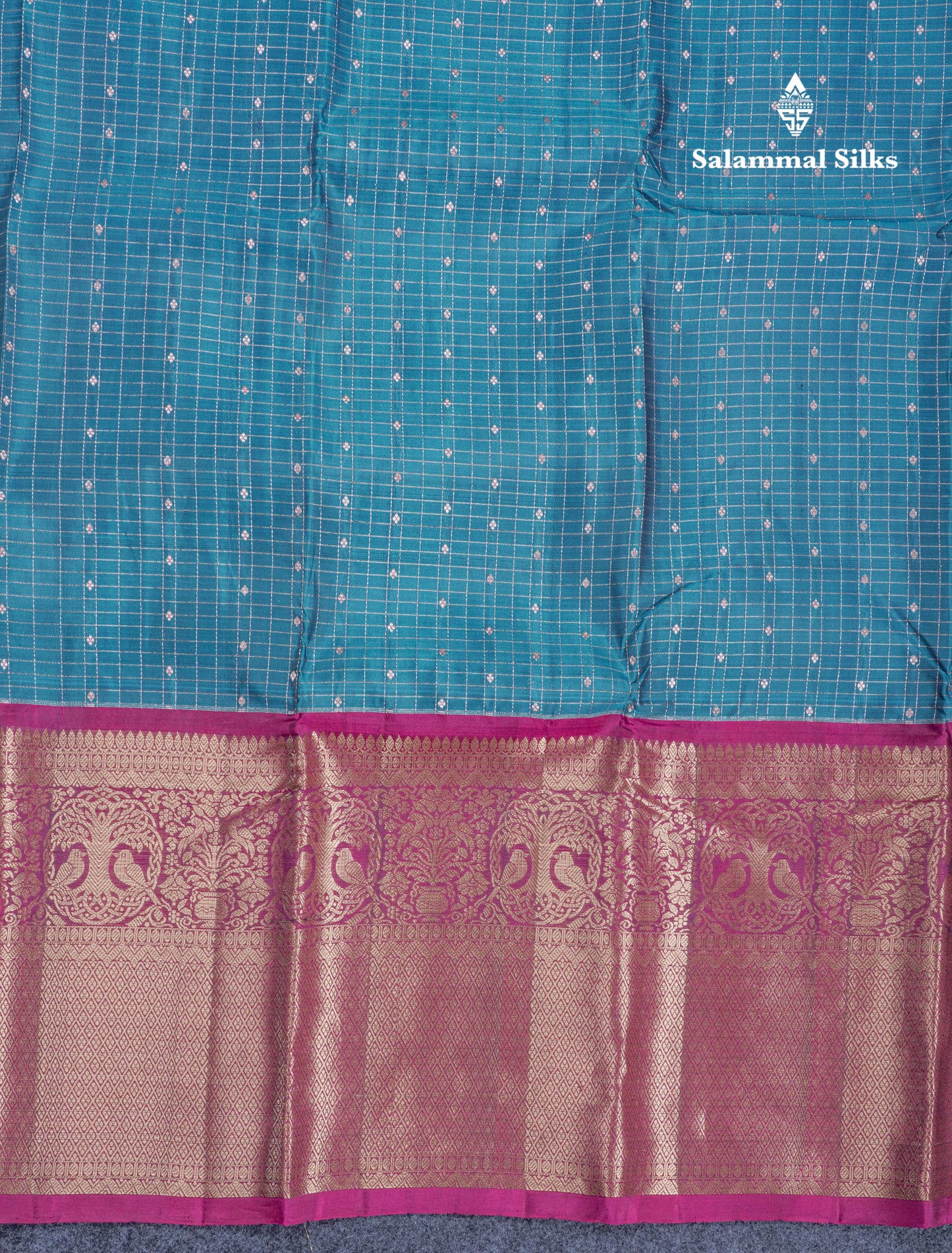 Ramar Blue Small Checks Pure Mix Silk Saree With Contrast Magenta Long Border
