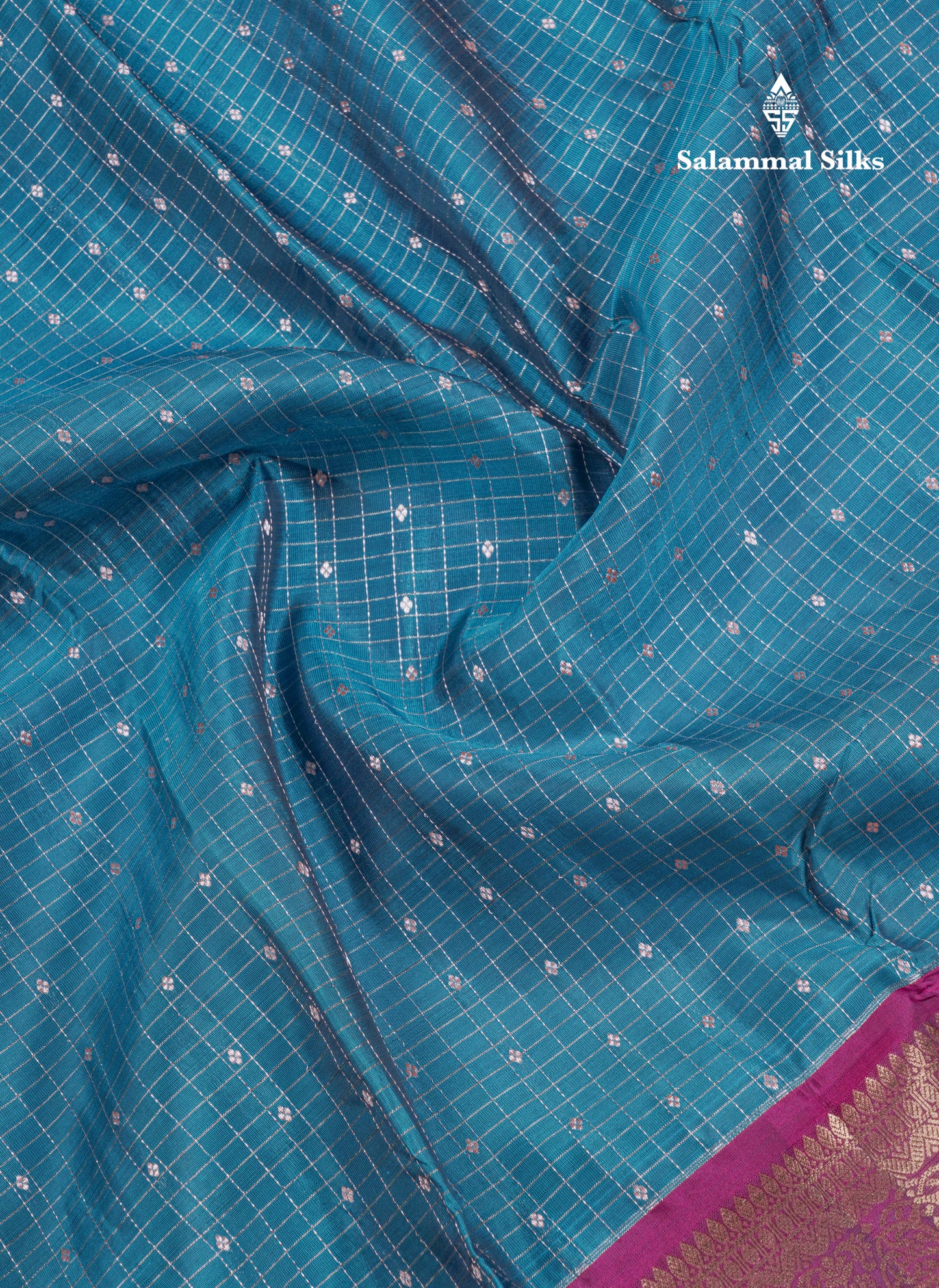 Ramar Blue Small Checks Pure Mix Silk Saree With Contrast Magenta Long Border