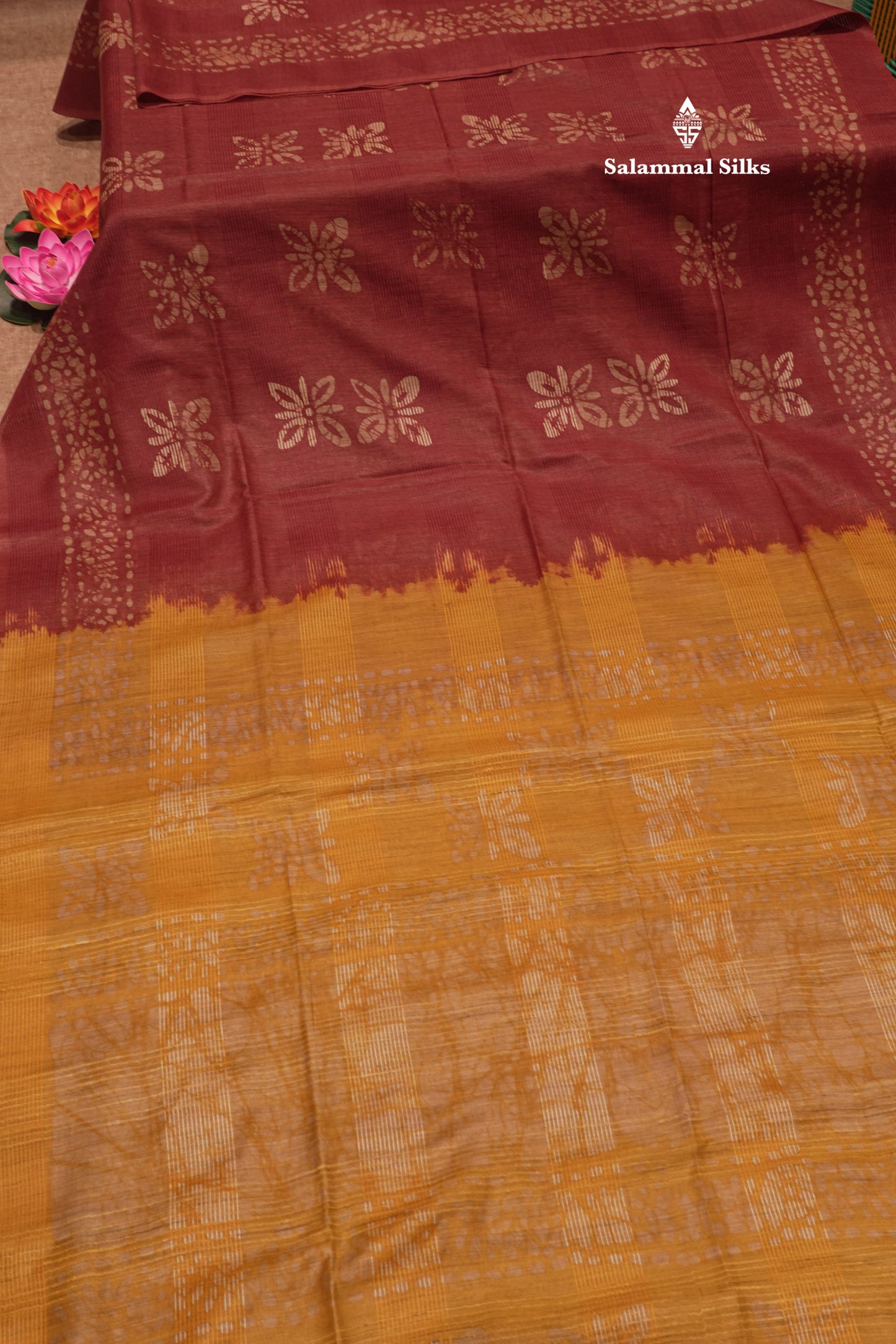 Brown Colour Printed Pure Cotton With Mustard Yellow Blouse