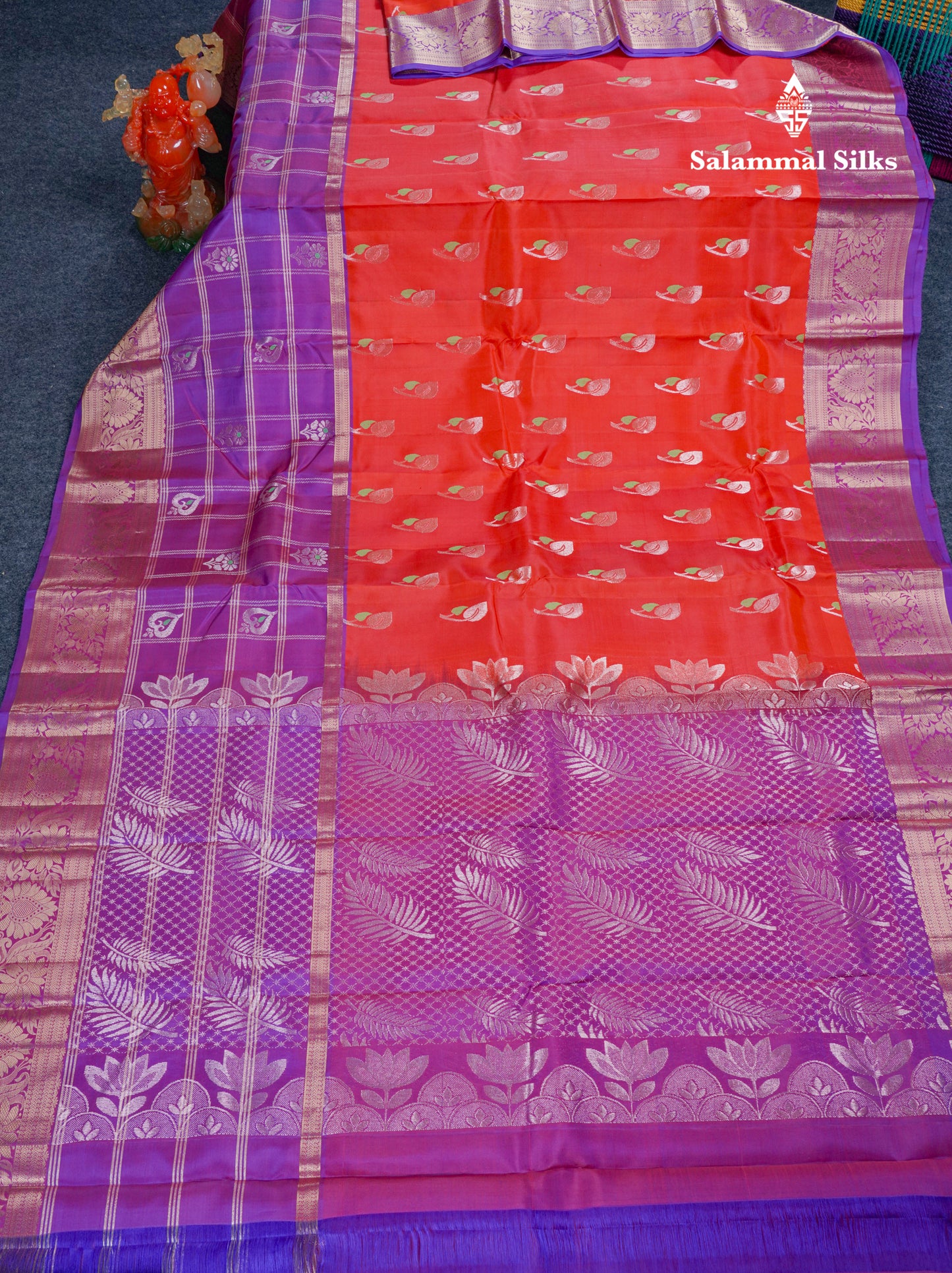 Chilly Red Mennakari Work Pure Silk Mix Saree With Contrast Long Purple Border