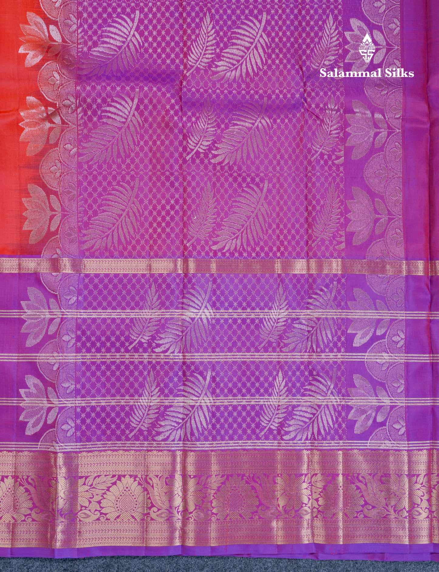 Chilly Red Mennakari Work Pure Silk Mix Saree With Contrast Long Purple Border