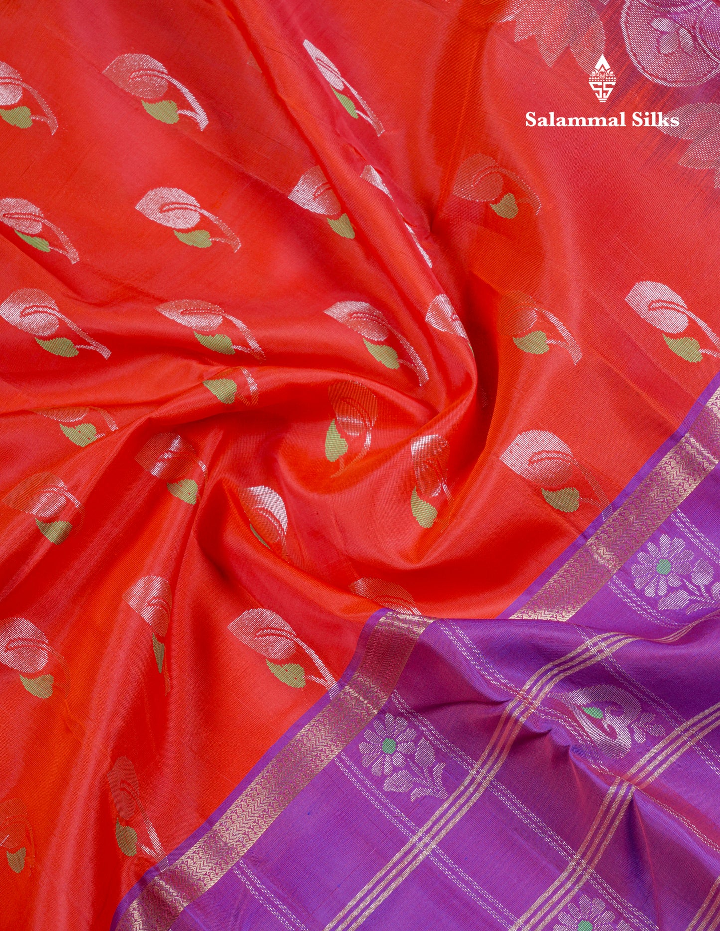 Chilly Red Mennakari Work Pure Silk Mix Saree With Contrast Long Purple Border