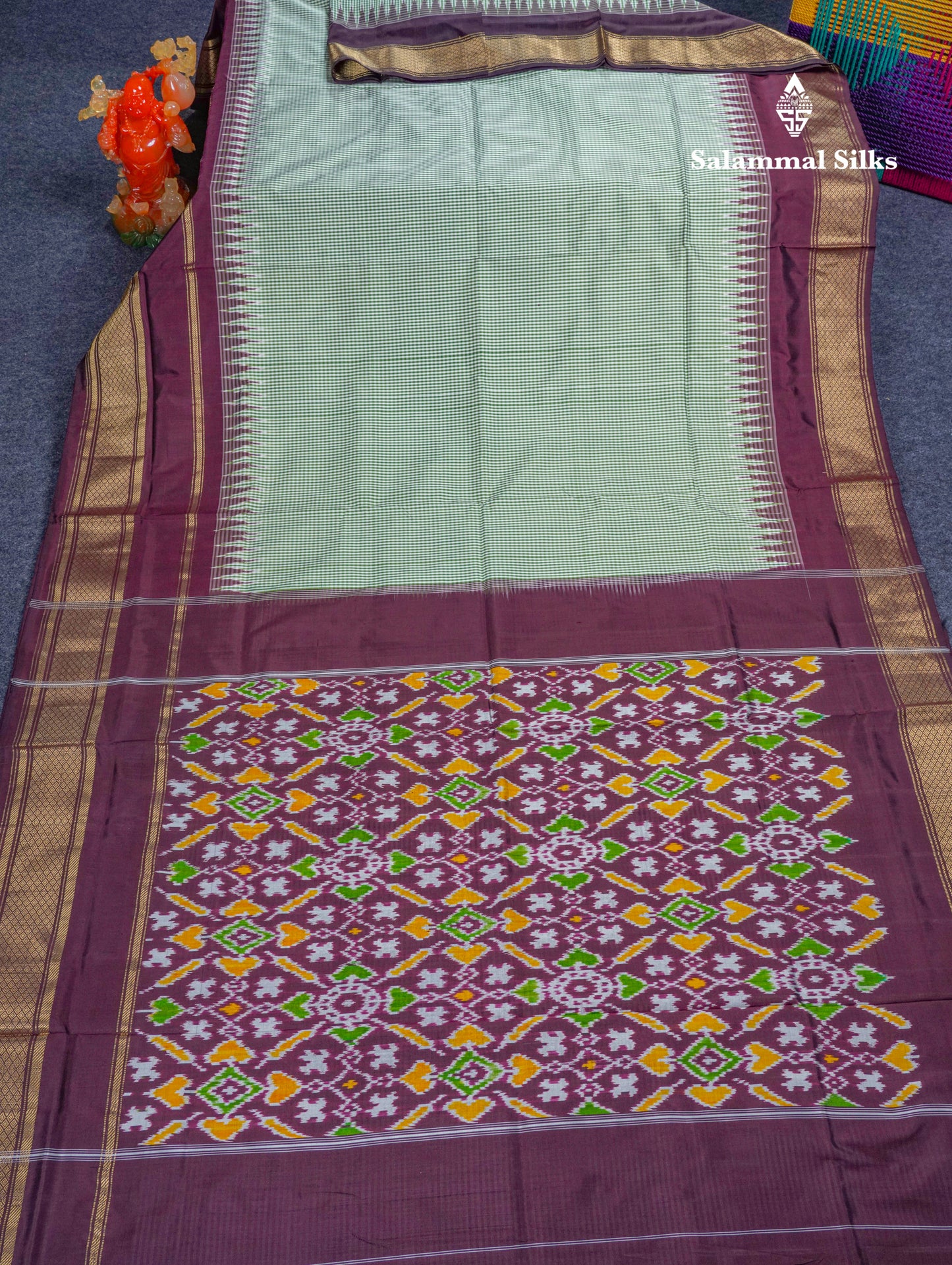 Sky Blue Tiny Checks Pure Kanjivaram Silk Saree With Contrast Navy Blue Pochampalli Pallu And Blouse