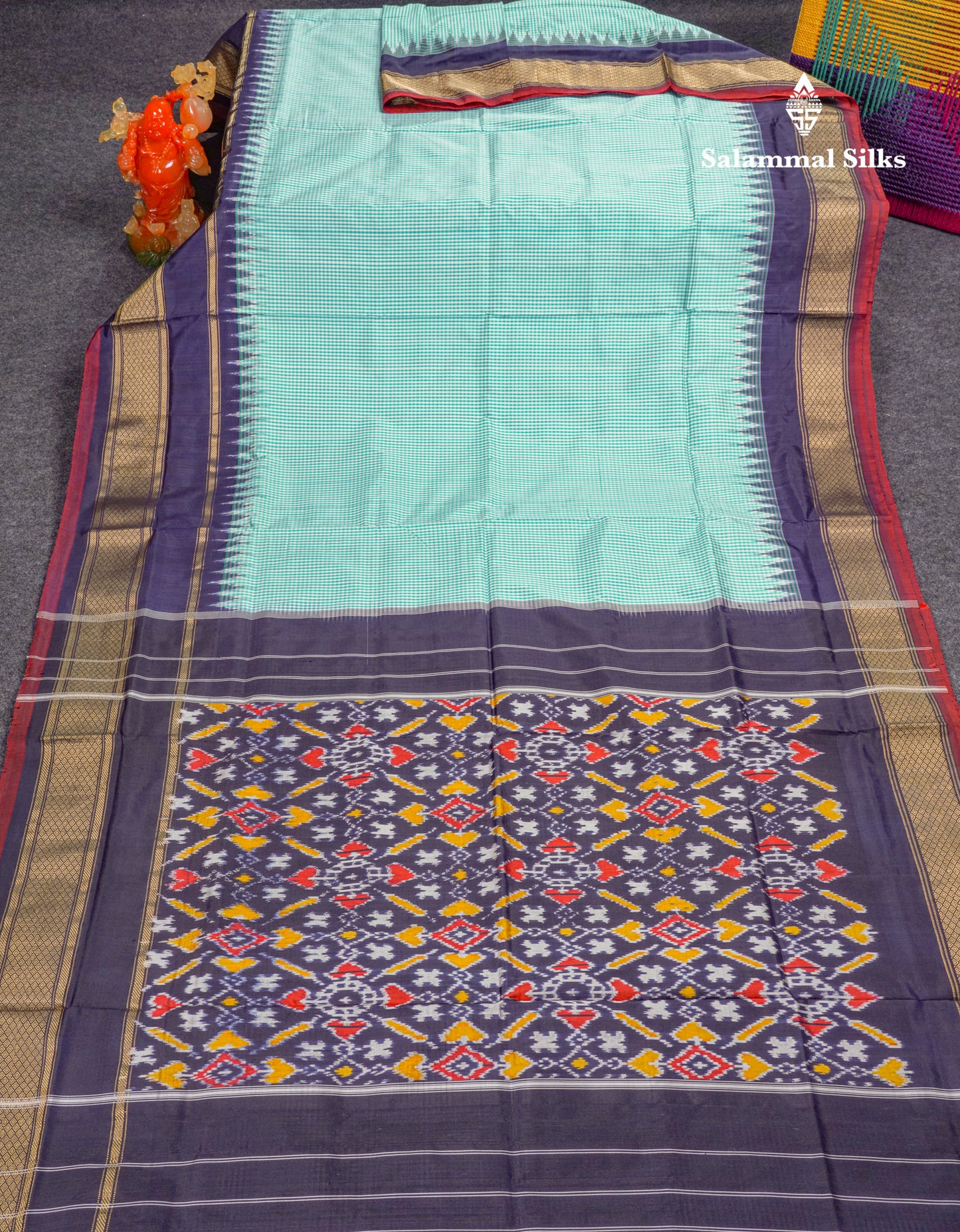 Sky Blue Tiny Checks Pure Kanjivaram Silk Saree With Contrast Navy Blue Pochampalli Pallu And Blouse