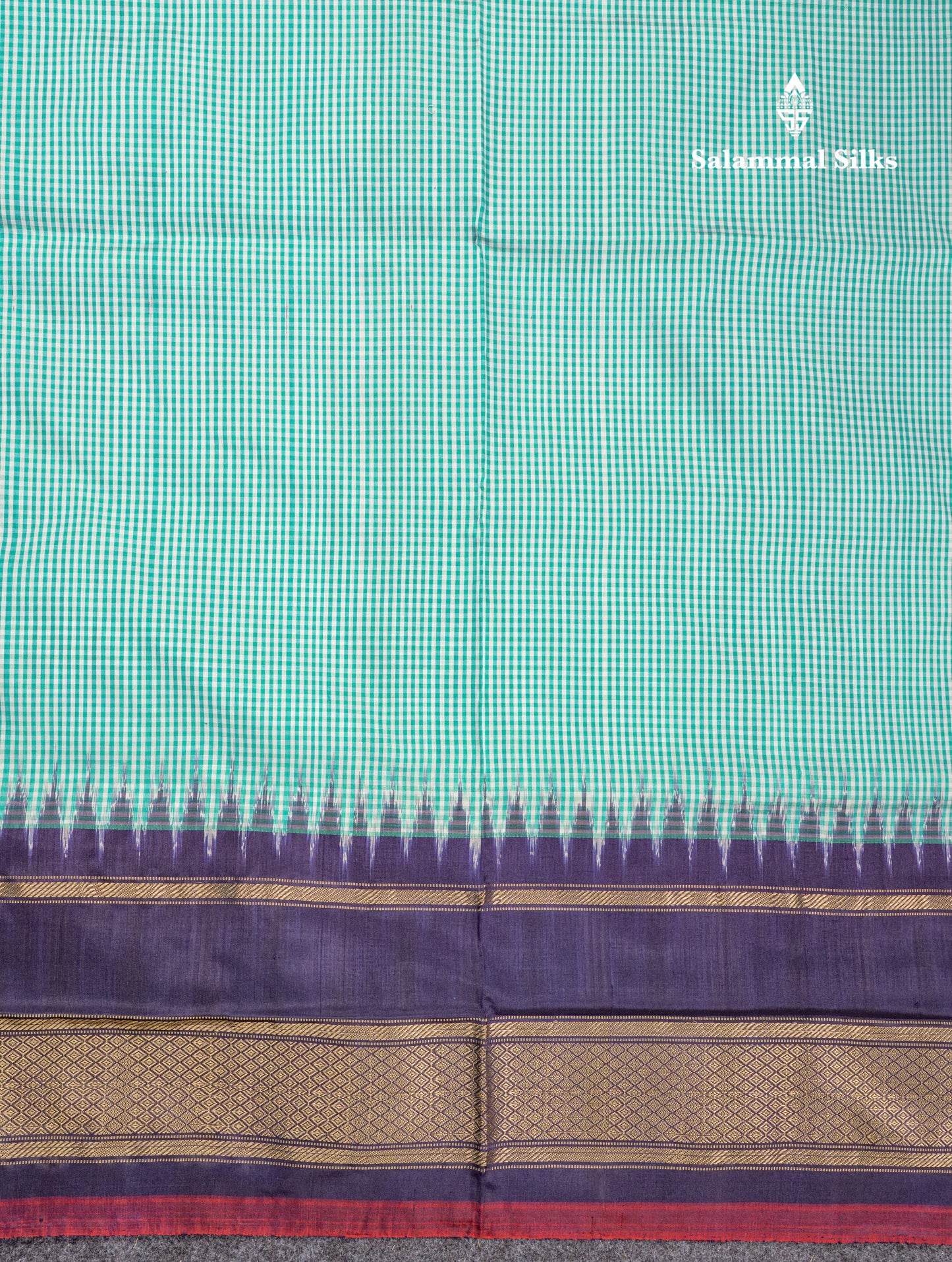 Sky Blue Tiny Checks Pure Kanjivaram Silk Saree With Contrast Navy Blue Pochampalli Pallu And Blouse