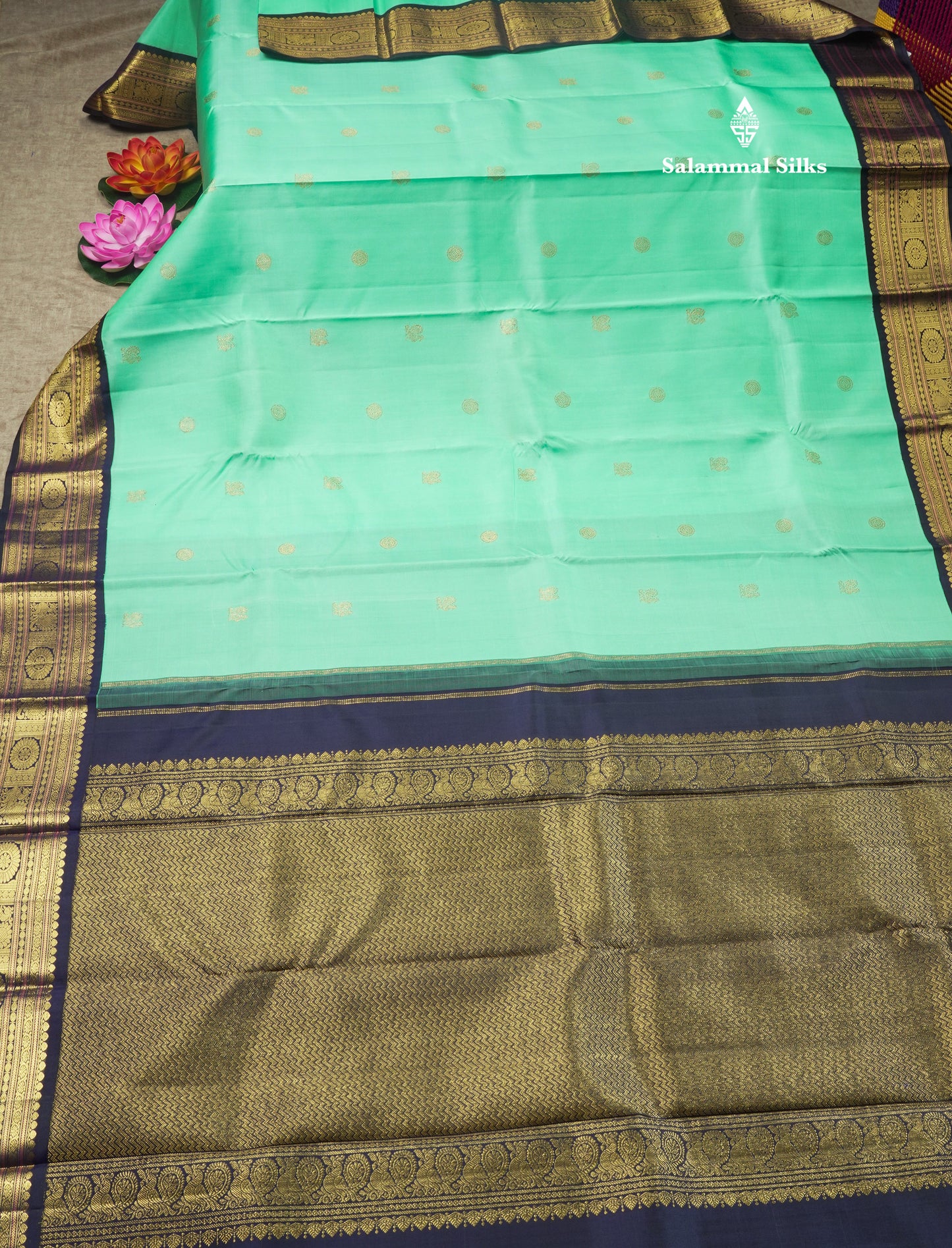 Sea Green Korvai Pure Kanjivaram Silk Saree with Contrast Violet Traditional Border