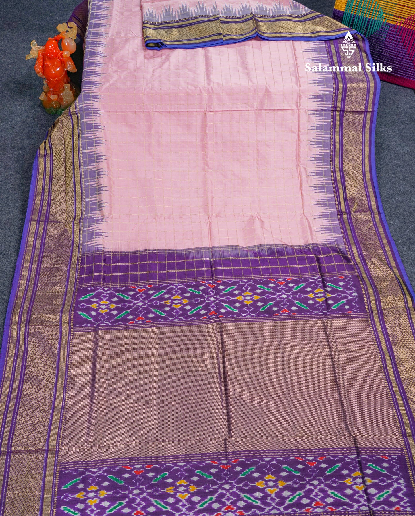 Baby Pink Checks Pure Kanjivaram Silk Saree With Contrast Purple Pochampalli Blouse