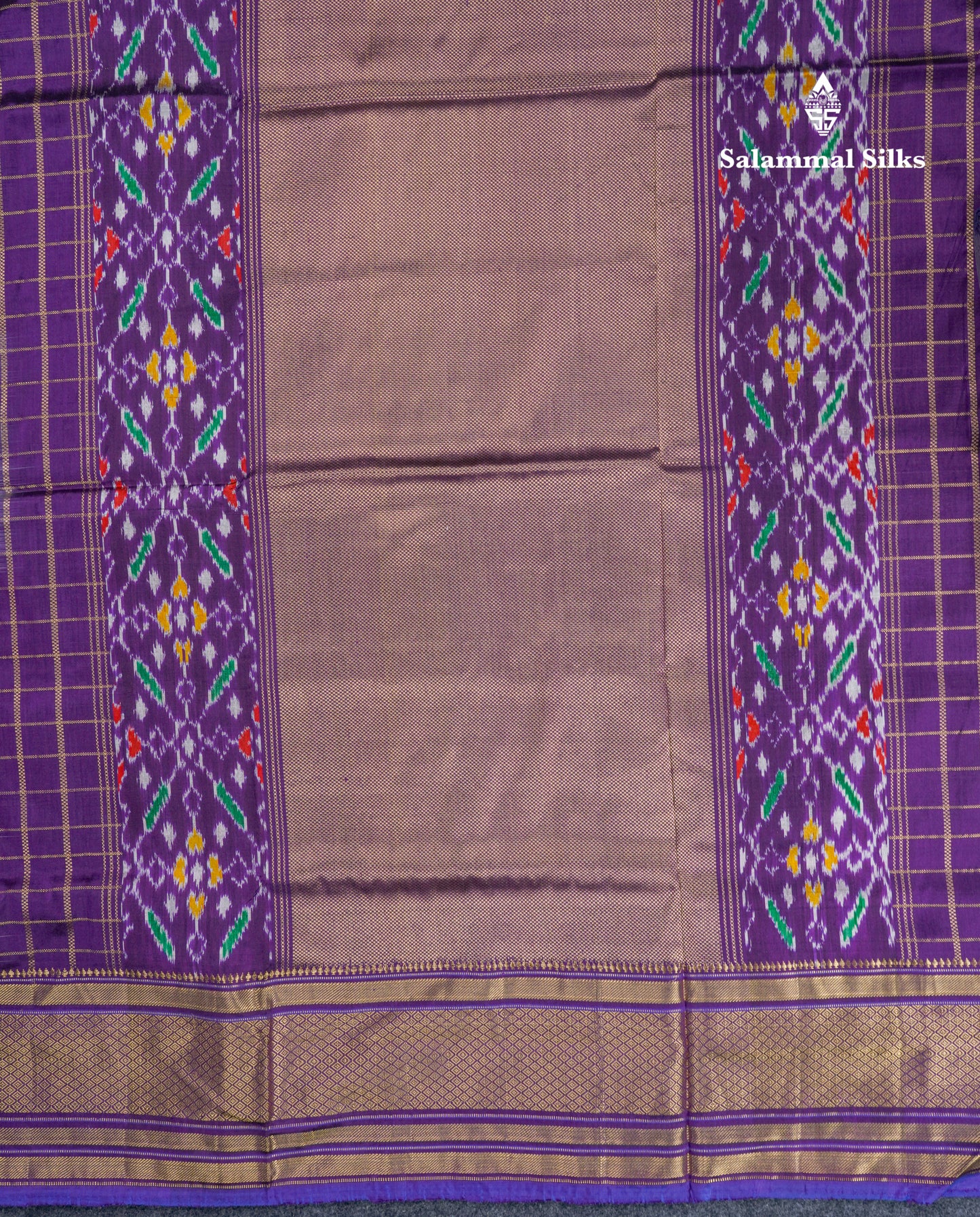 Baby Pink Checks Pure Kanjivaram Silk Saree With Contrast Purple Pochampalli Blouse