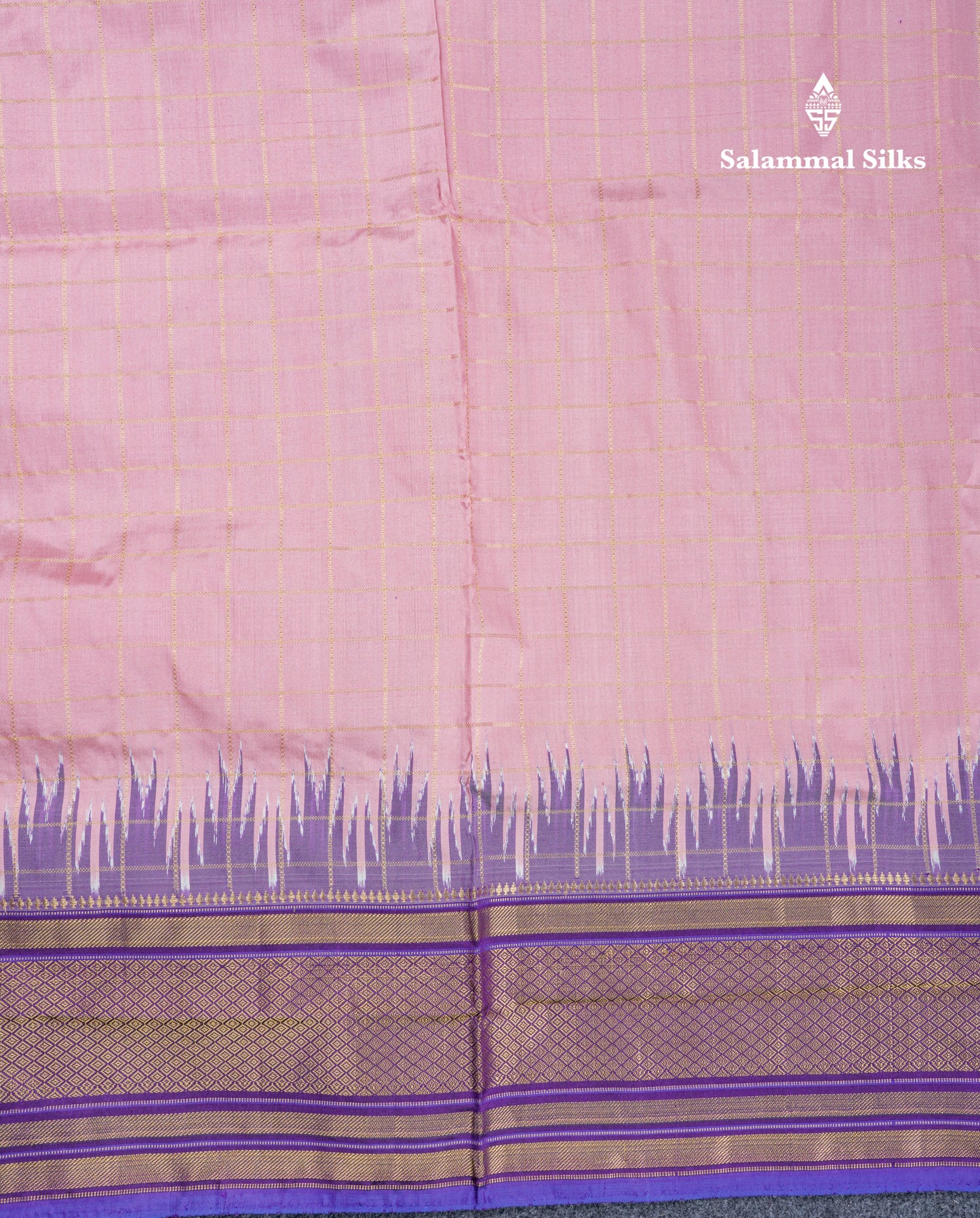 Baby Pink Checks Pure Kanjivaram Silk Saree With Contrast Purple Pochampalli Blouse