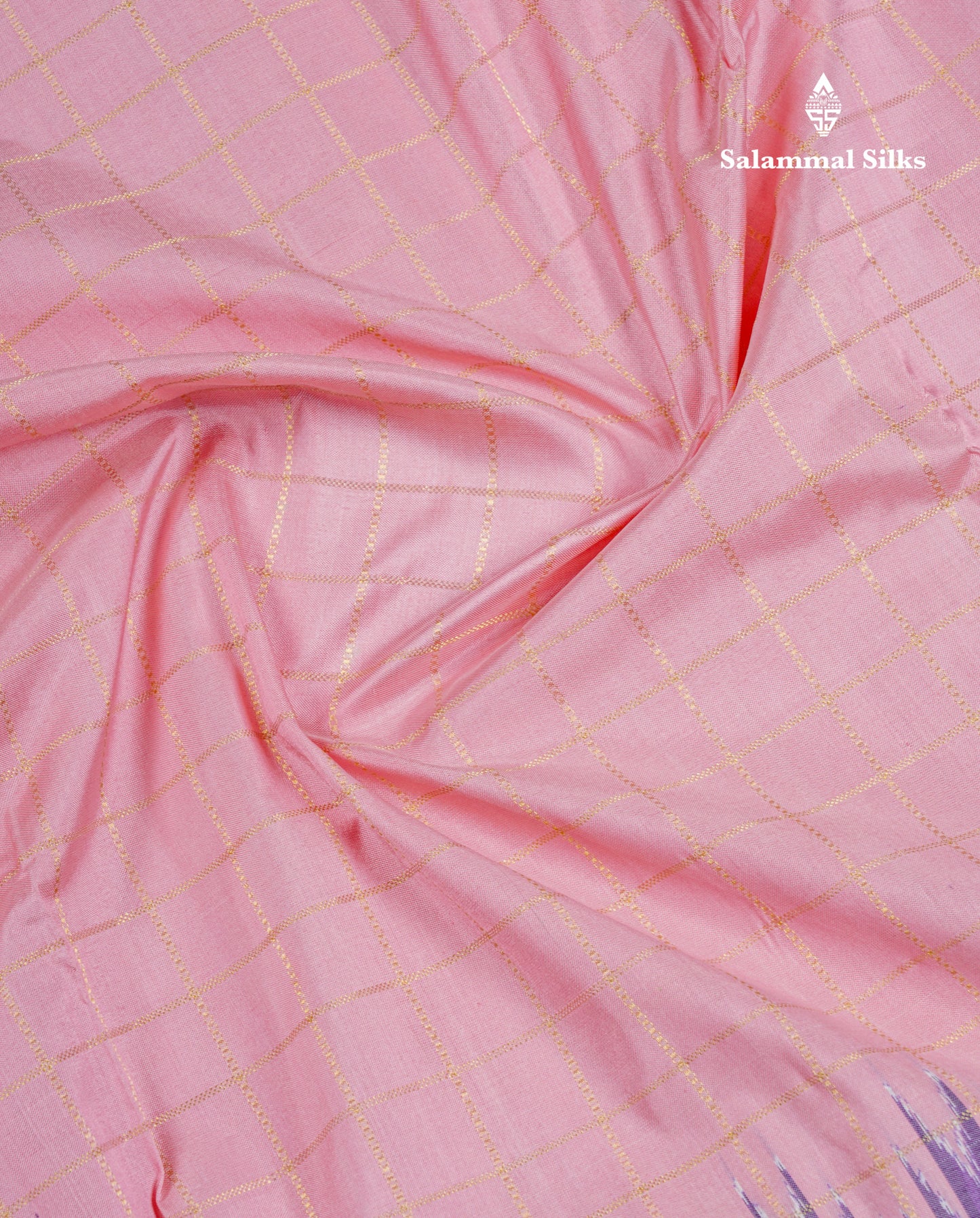 Baby Pink Checks Pure Kanjivaram Silk Saree With Contrast Purple Pochampalli Blouse