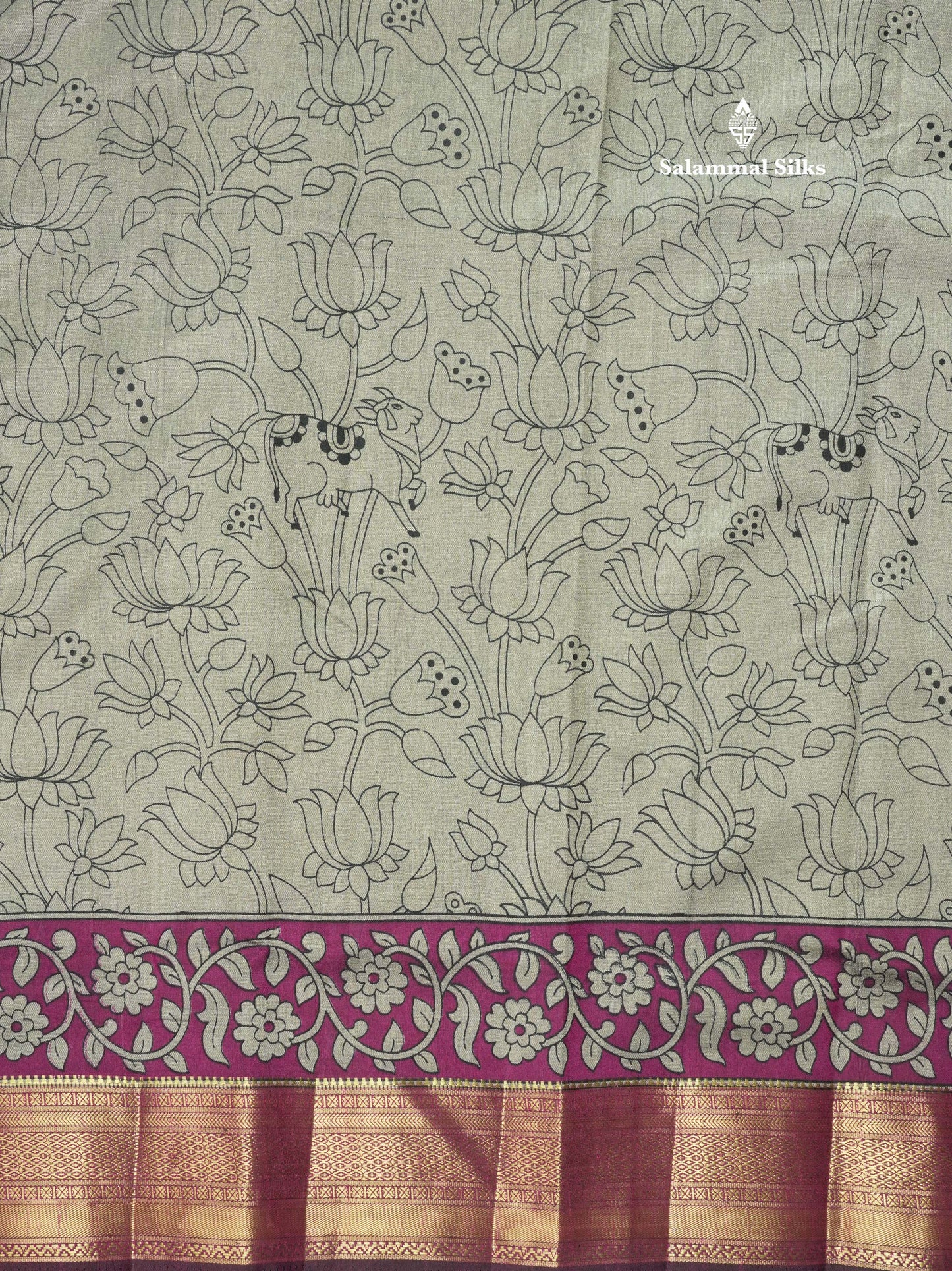 Grey Pichwai Print In Semi Raw Silk Saree With Contrast Maroon Traditional Border