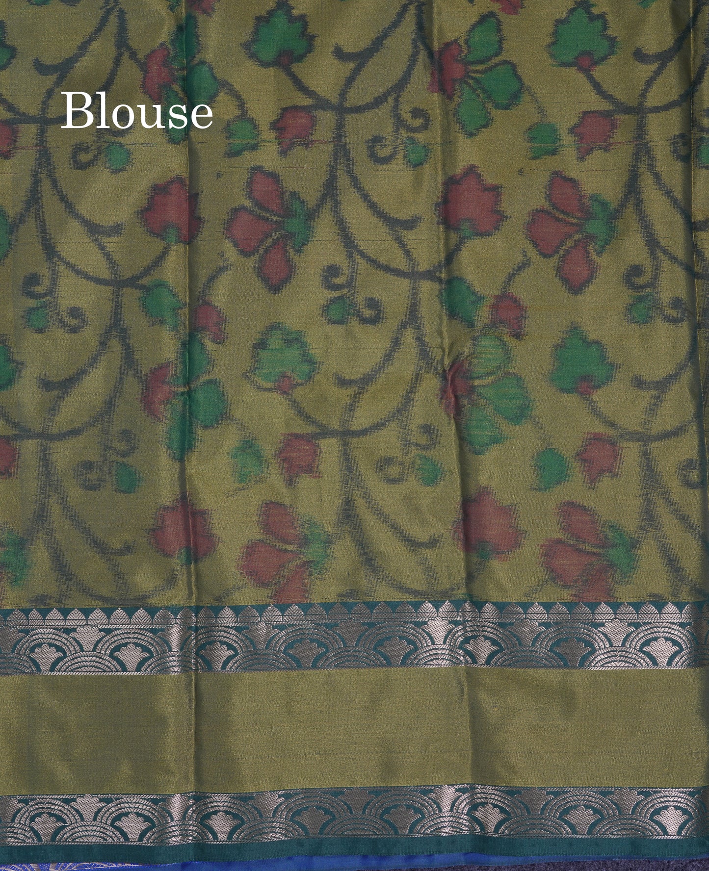 Beautiful Dual Tone Blue Semi Silk Saree With Contrast Olive Green Pochampalli Blouse
