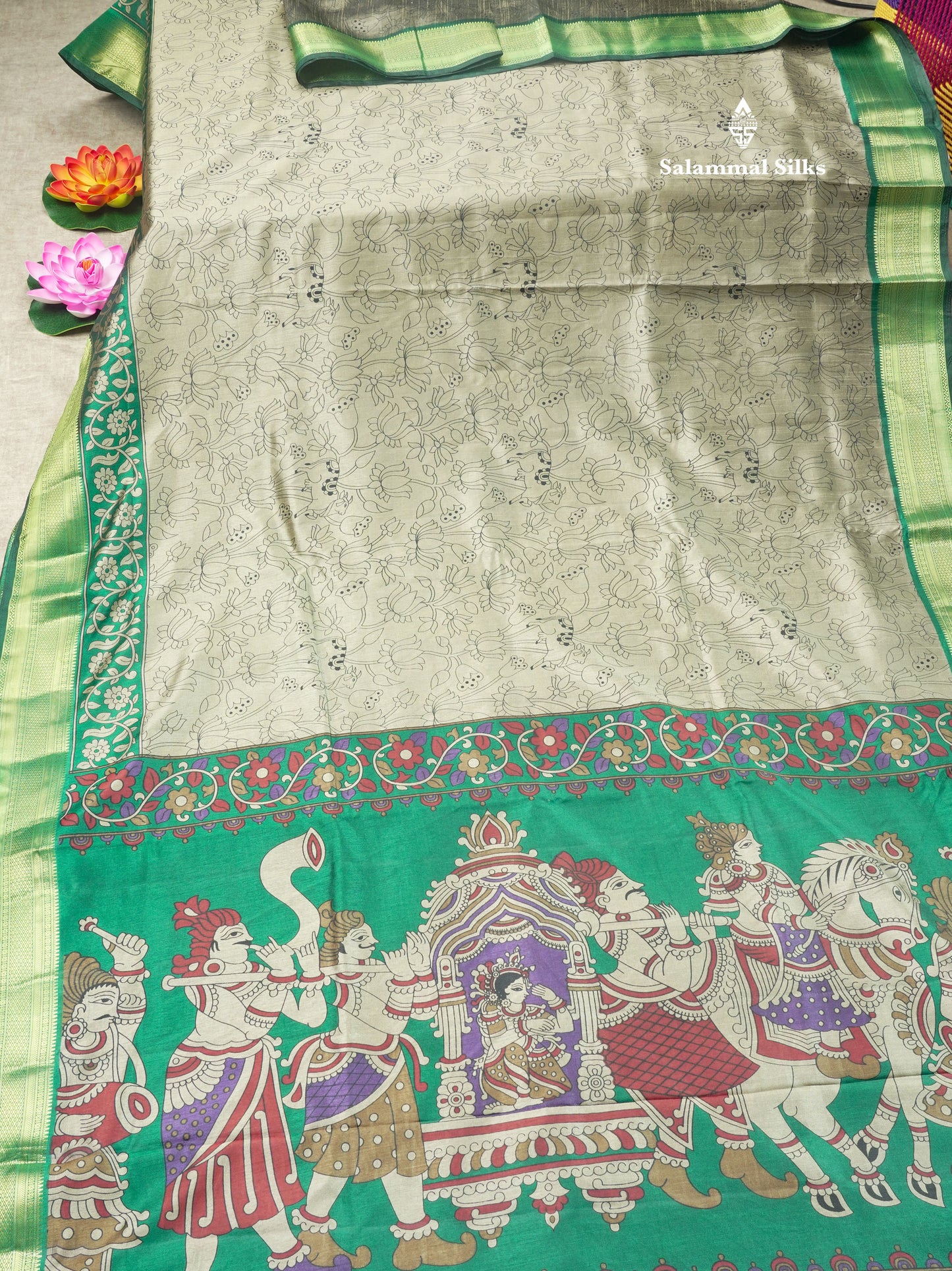 Grey Pichwai Print In Semi Raw Silk Saree With Contrast Maroon Traditional Border