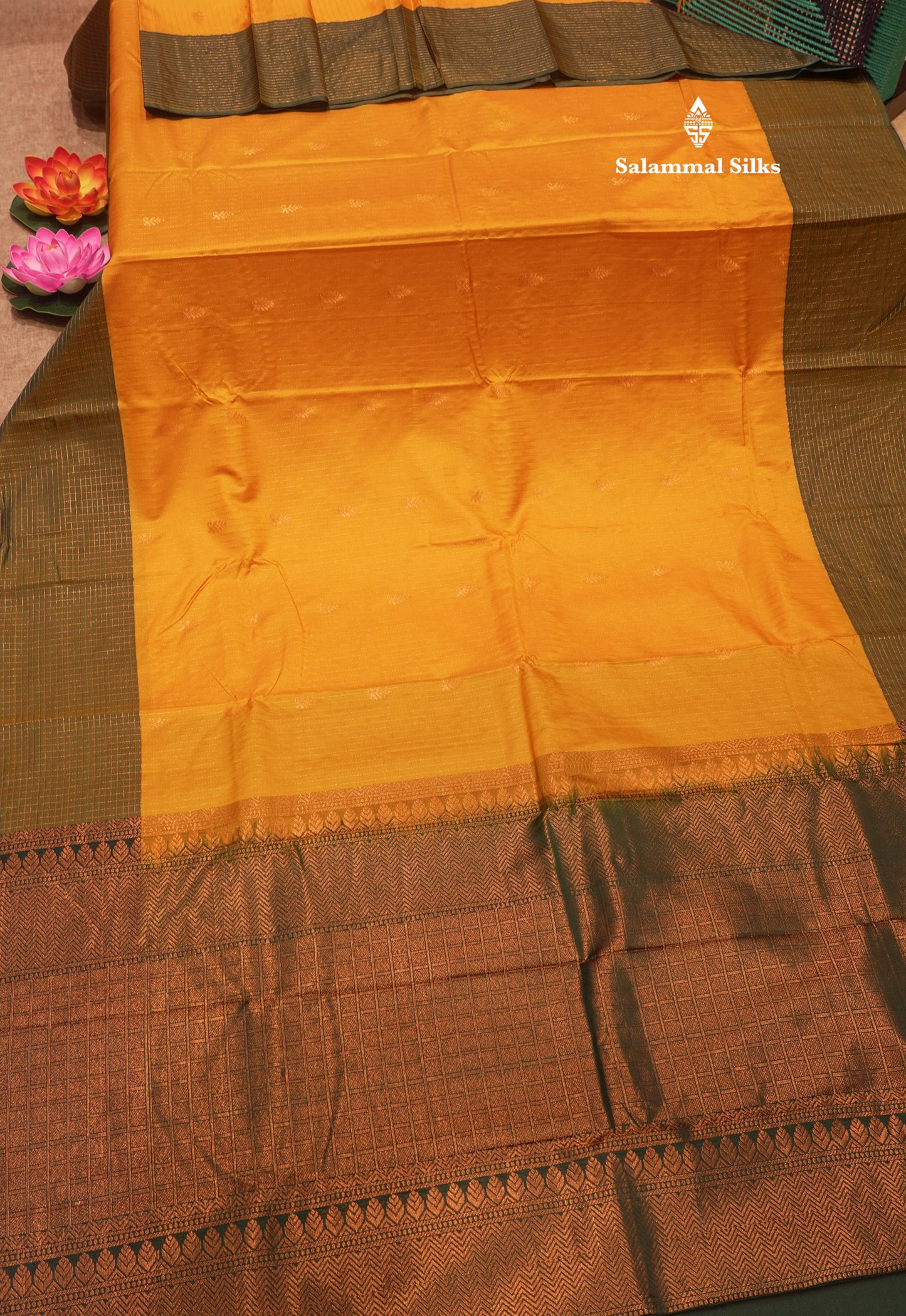 Mango Yellow Colour Semi Silk Saree With Contrast Bottle Green Border