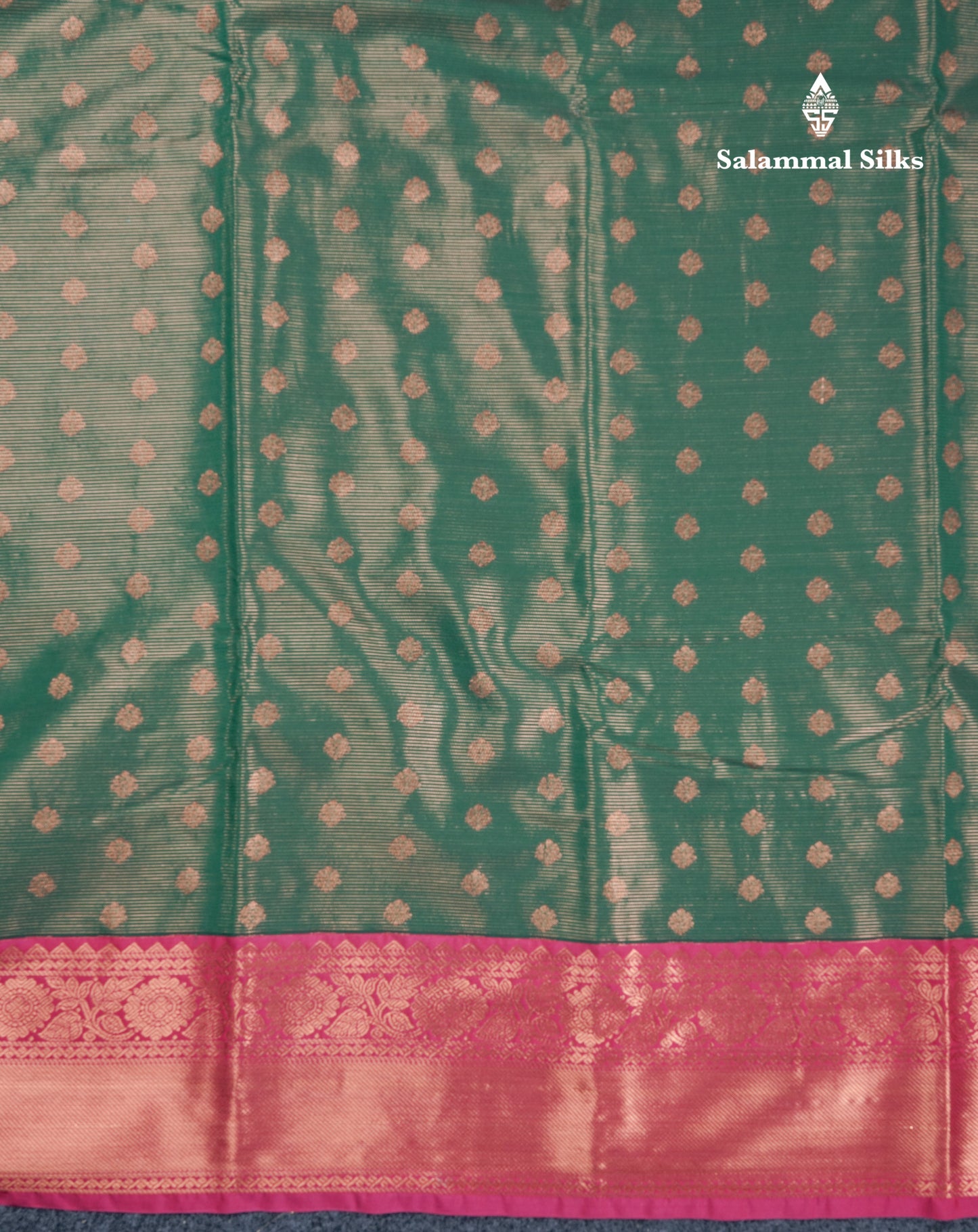 Bottle Green Vairaoosi Lines With Butta Semi Silk Saree With Contrast Pink Border