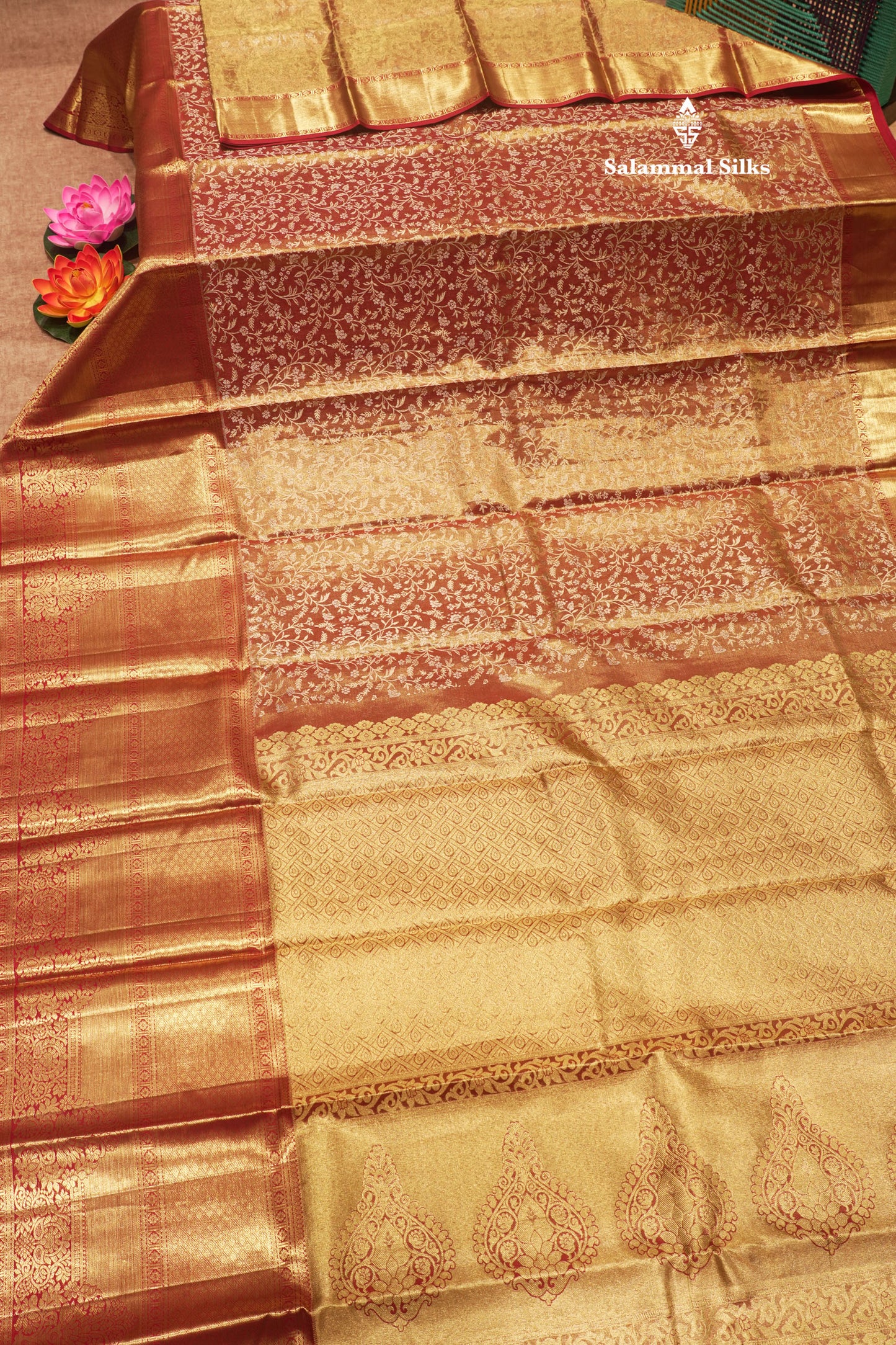 Brown Colour Pure Kanjivaram Tissue Silk Saree With Contrast Long Maroon Border