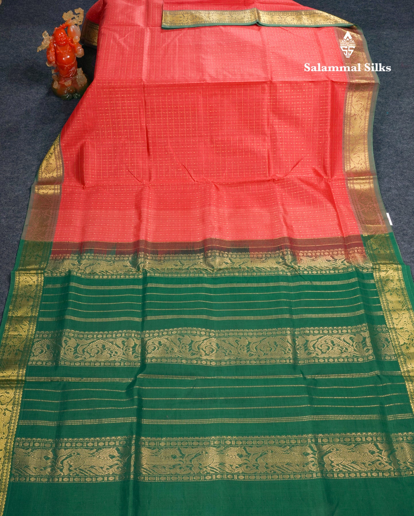 Tomato Red Lakshadeepam Pure Silk Cotton Saree With Contrast Bottle Green Blouse