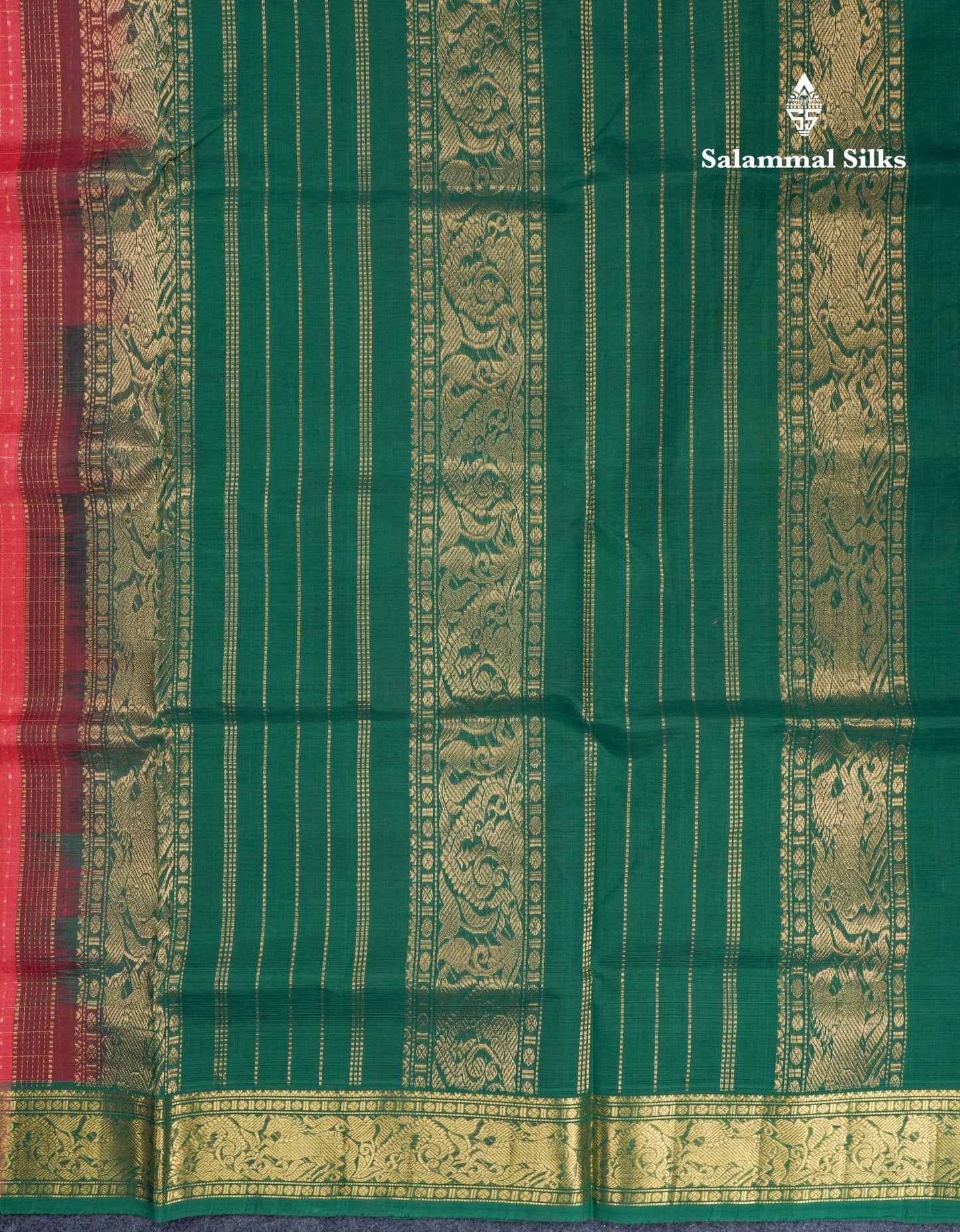 Tomato Red Lakshadeepam Pure Silk Cotton Saree With Contrast Bottle Green Blouse